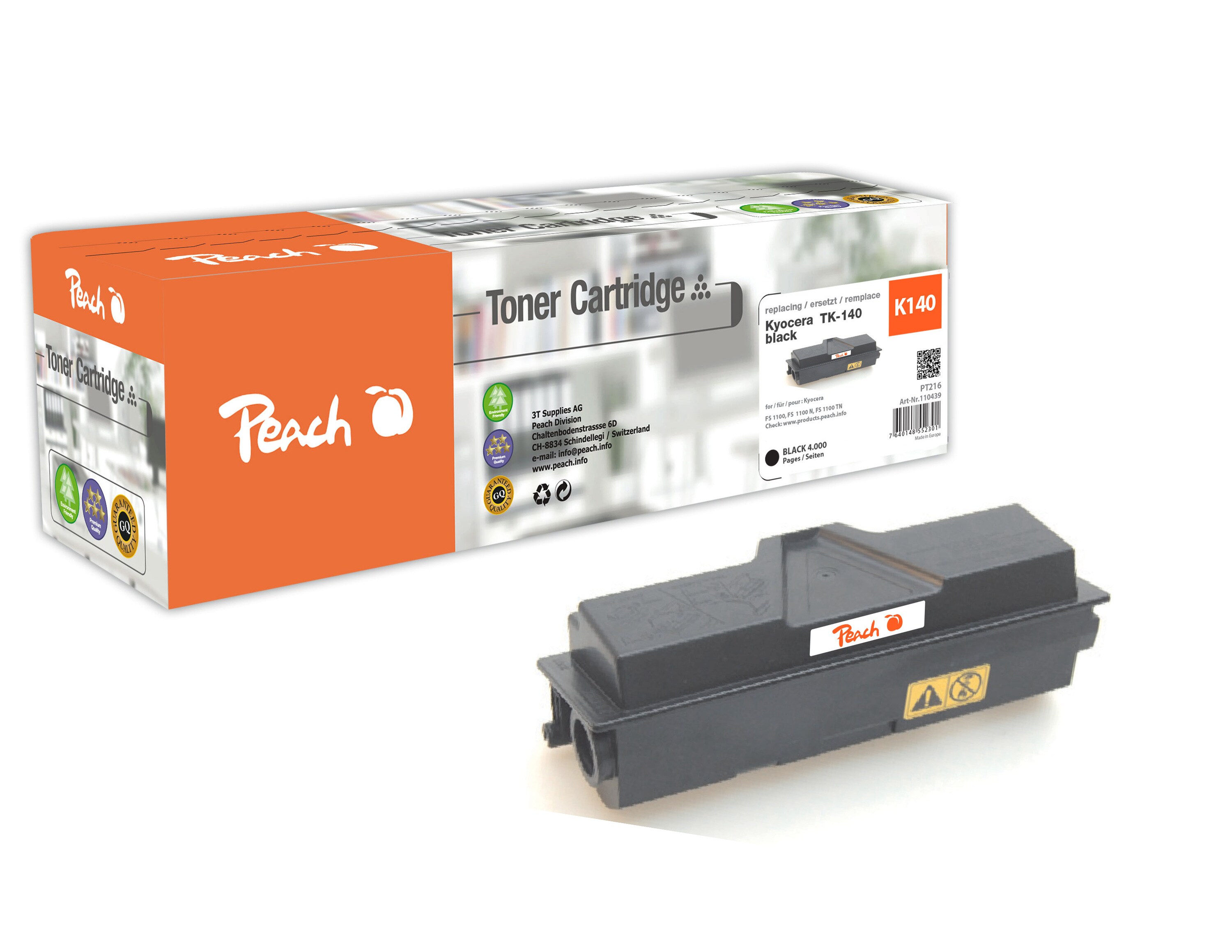 Peach K140  Toner bk ersetzt Kyocera TK-140 f&uuml;r z.B. Kyocera FS -1100, Kyocera FS -1100 Arztdrucker, Kyocera FS -1100 N, Kyocera FS -1100 TN (wiederaufbereitet) - Bild 1