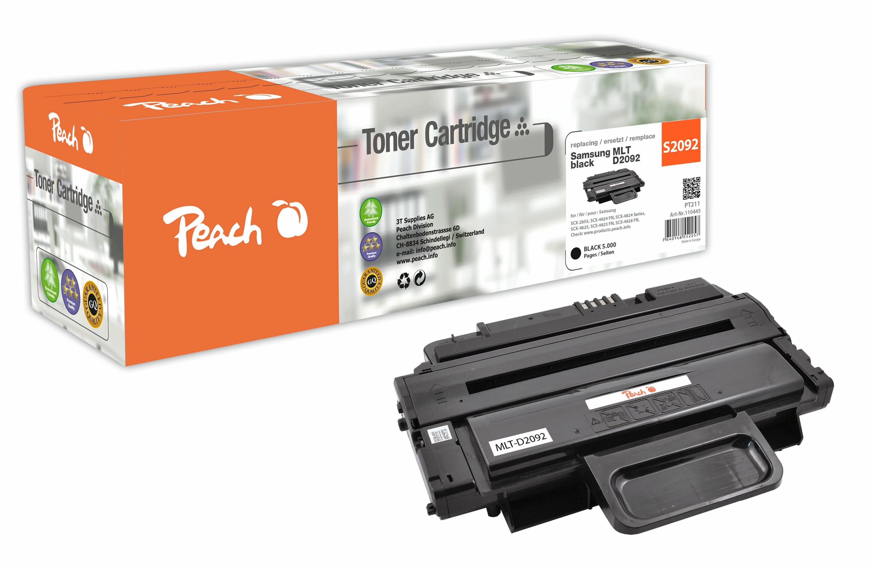 Peach S2092  Toner bk ersetzt Samsung MLT-D2092L/ELS, SV003A f&uuml;r z.B. Samsung ML -2855 ND, Samsung SCX -2855, Samsung SCX -4824 FN (wiederaufbereitet) - Bild 1