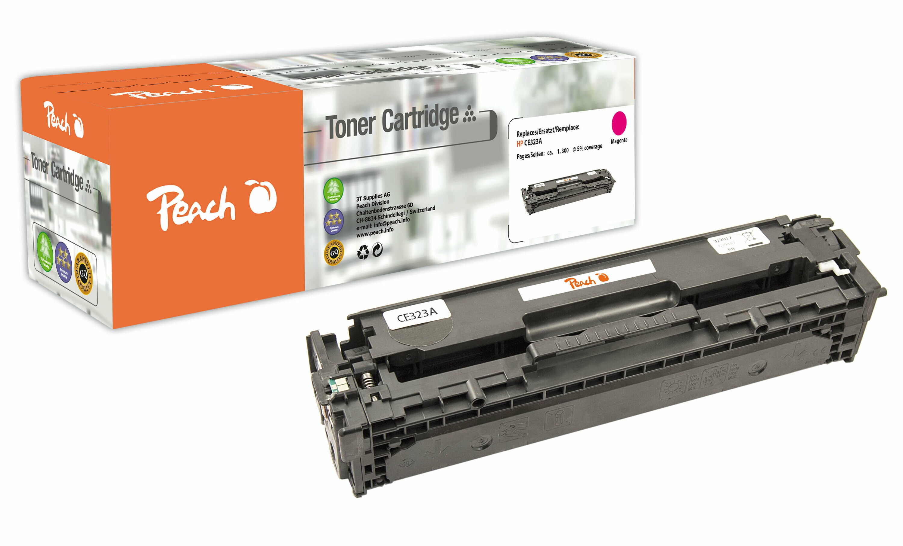Peach HP 128 AM Toner ma ersetzt HP No. 128A M, CE323A f&uuml;r z.B. HP LaserJet CP 1500, HP LaserJet CP 1525, HP LaserJet CP 1525 n (wiederaufbereitet) - Bild 1