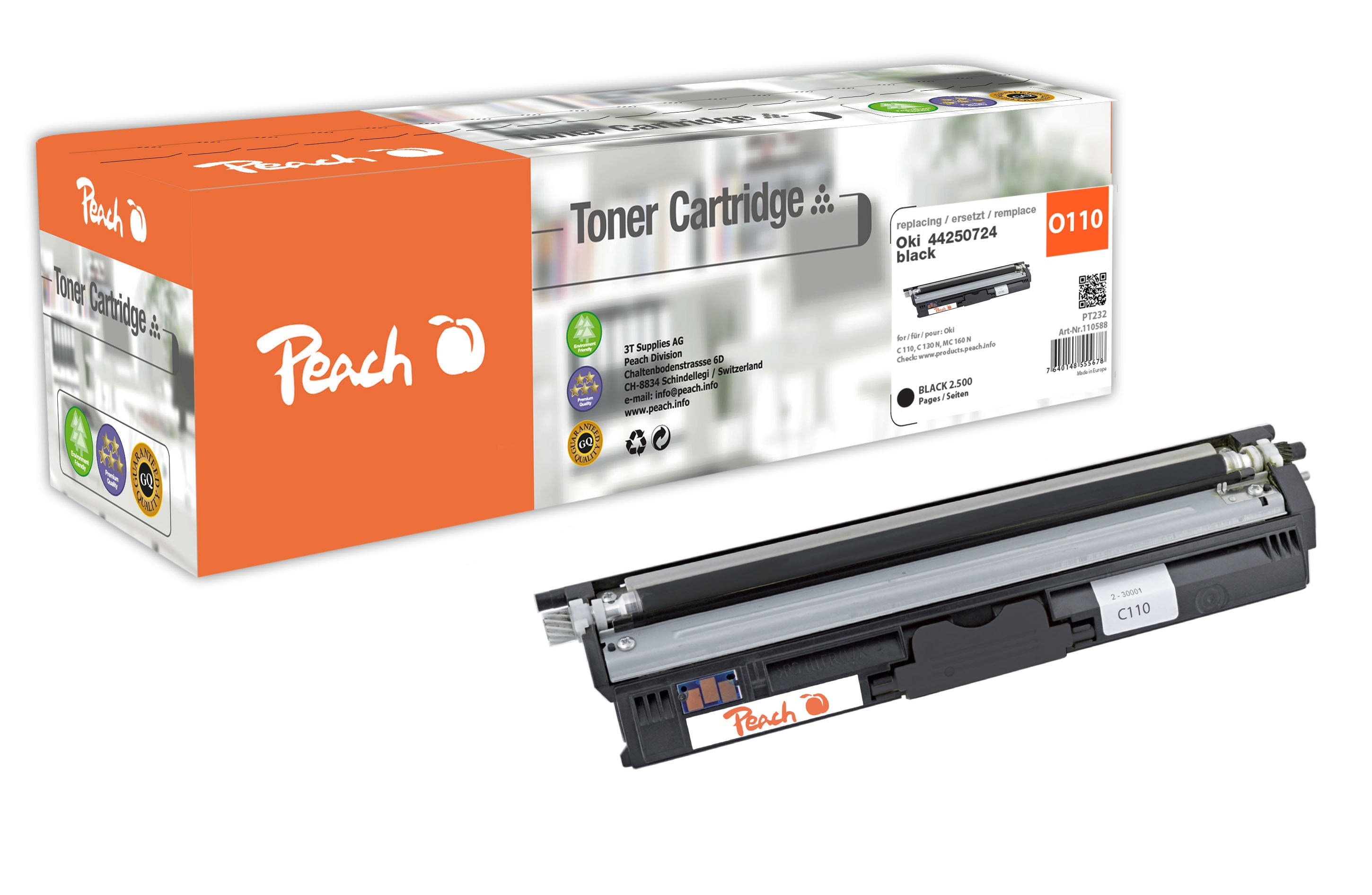 Peach O4425  Toner bk ersetzt OKI 44250724 f&uuml;r z.B. OKI C 110, OKI C 130 N, OKI MC 160 N (wiederaufbereitet) - Bild 1