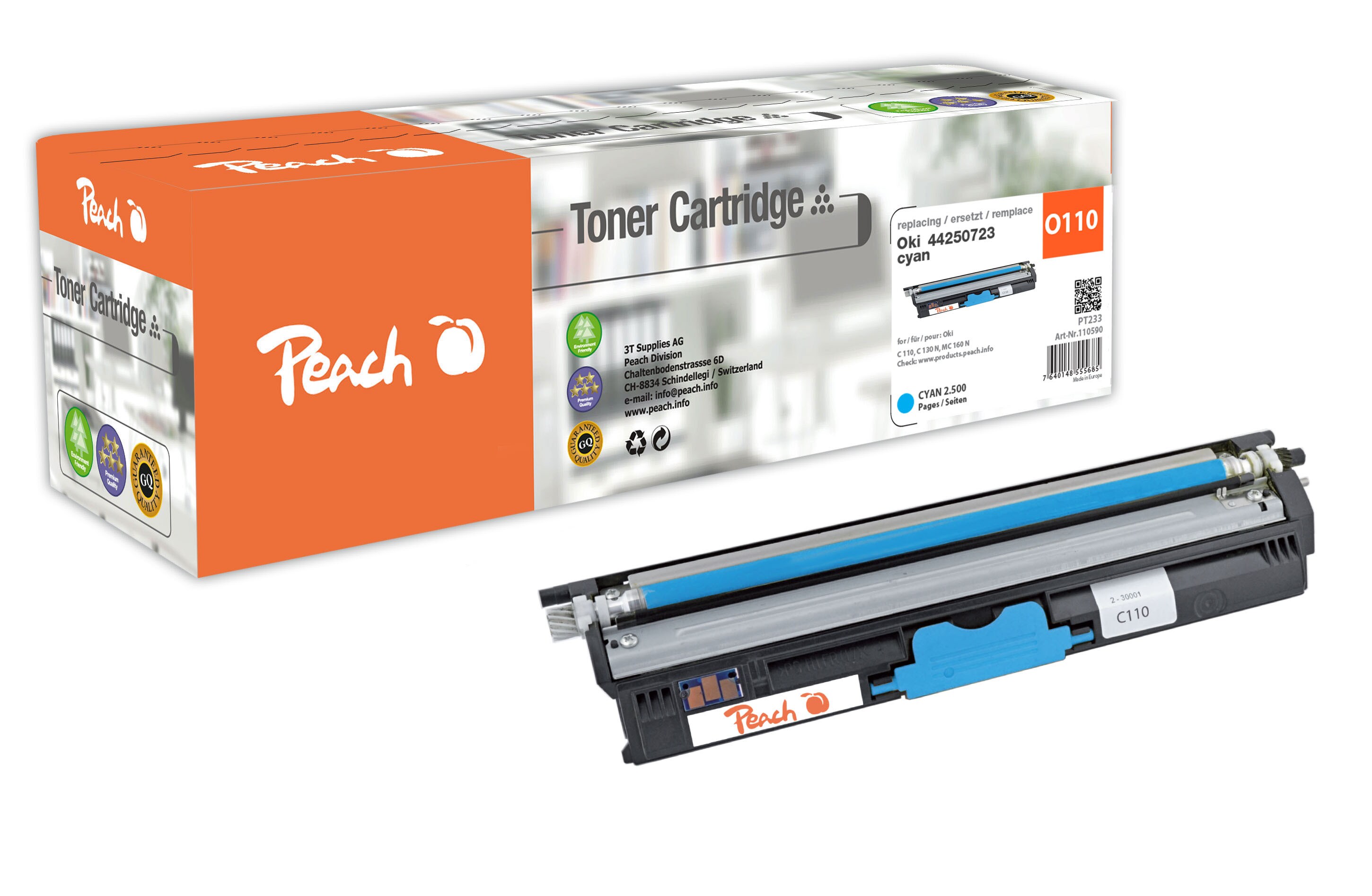 Peach O4425  Toner XL cy ersetzt OKI 44250723 f&uuml;r z.B. OKI C 110, OKI C 130 N, OKI MC 160 N (wiederaufbereitet) - Bild 1