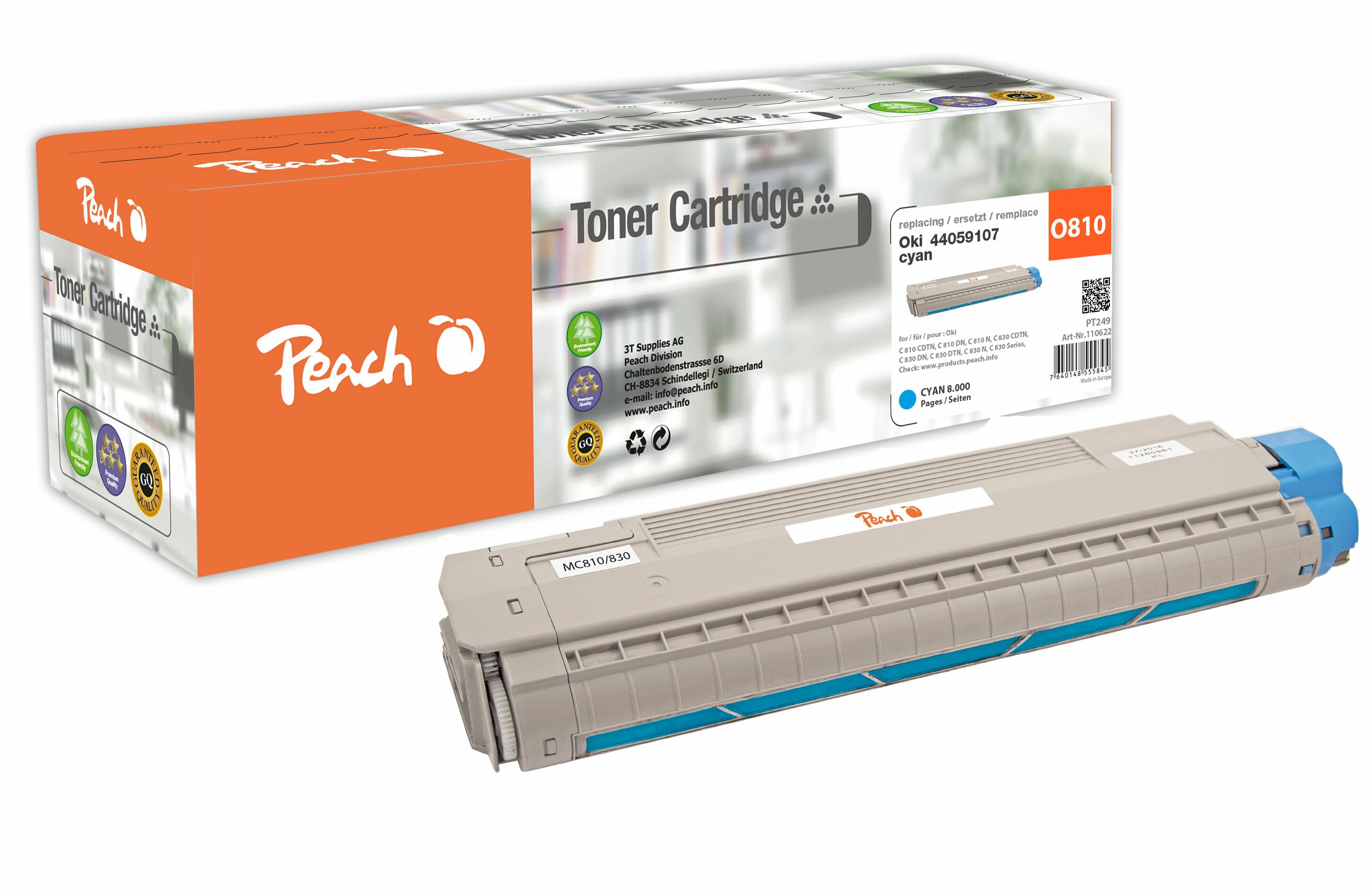 Peach O440591  Toner cy ersetzt OKI 44059107 f&uuml;r z.B. OKI C 810 CDTN, OKI C 810 DN, OKI C 810 N, OKI C 830 CDTN, OKI C 830 DN, OKI C 830 DTN (wiederaufbereitet) - Bild 1
