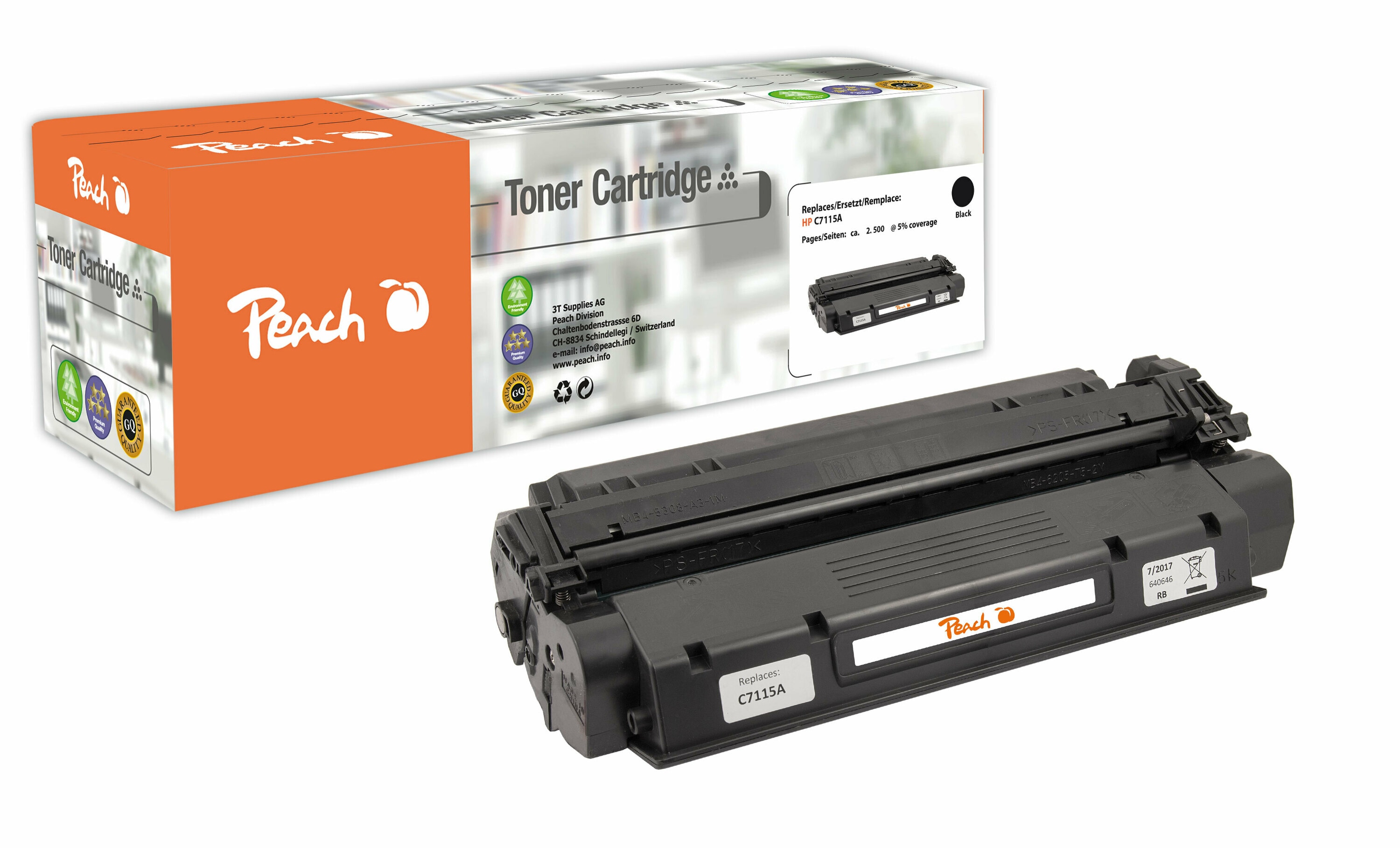 Peach HP 15 ABK Toner bk ersetzt HP No. 15A BK, E-25, C7115A f&uuml;r z.B. HP LaserJet 1200 N, HP LaserJet 1000, HP LaserJet 1000 W, HP LaserJet 1005 W (wiederaufbereitet) - Bild 1