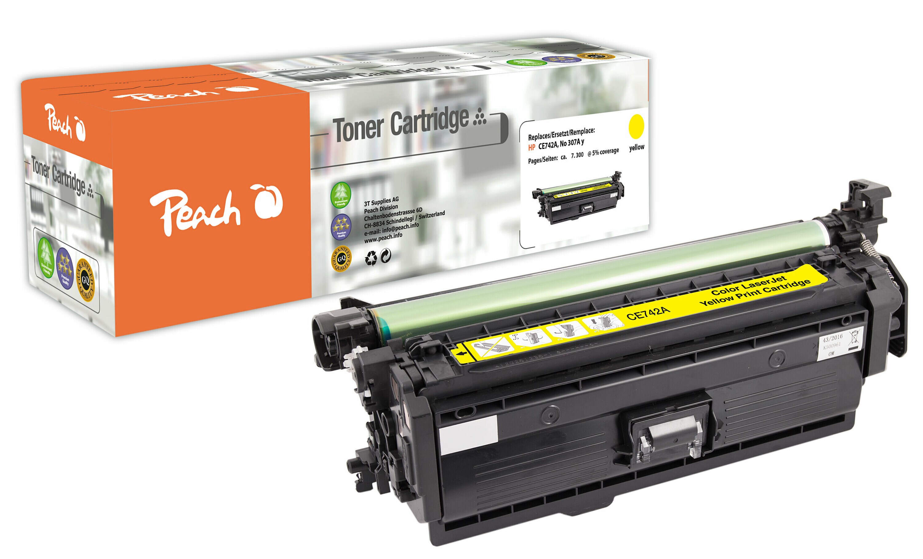 Peach HP 307 AY Toner ye ersetzt HP No. 307A Y, CE742A f&uuml;r z.B. HP Color LaserJet CP 5200, HP Color LaserJet CP 5220, HP Color LaserJet CP 5225 (wiederaufbereitet) - Bild 1