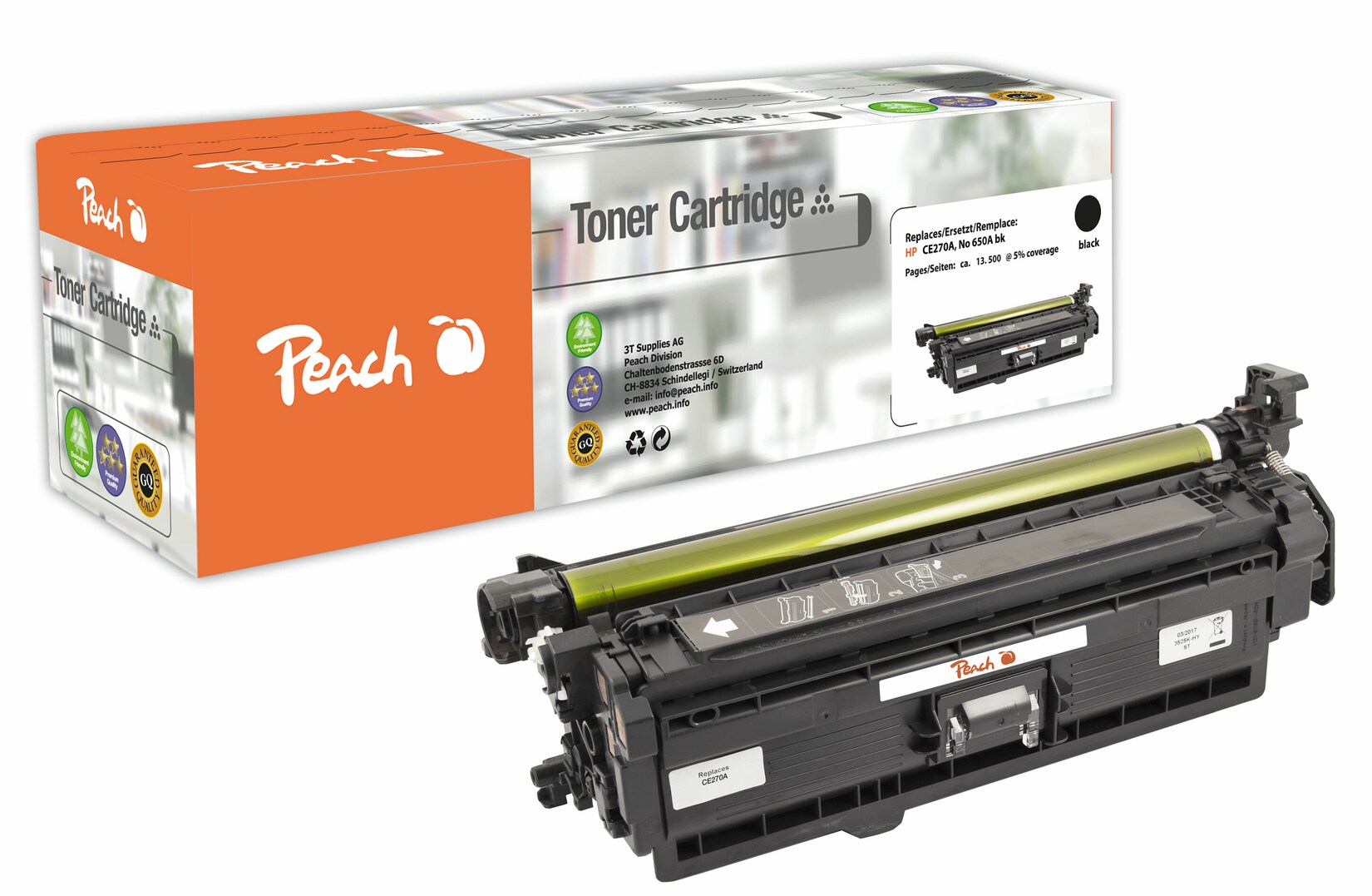 Peach HP 650 ABK Toner bk ersetzt HP No. 650A BK, CE270A für z.B. HP Color LaserJet Enterprise CP 5500, HP Color LaserJet Enterprise CP 5520 (wiederaufbereitet)
