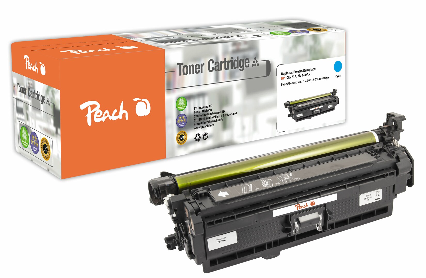 Peach HP 650 AC Toner cy ersetzt HP No. 650A C, CE271A für z.B. HP Color LaserJet Enterprise CP 5500, HP Color LaserJet Enterprise CP 5520 (wiederaufbereitet)