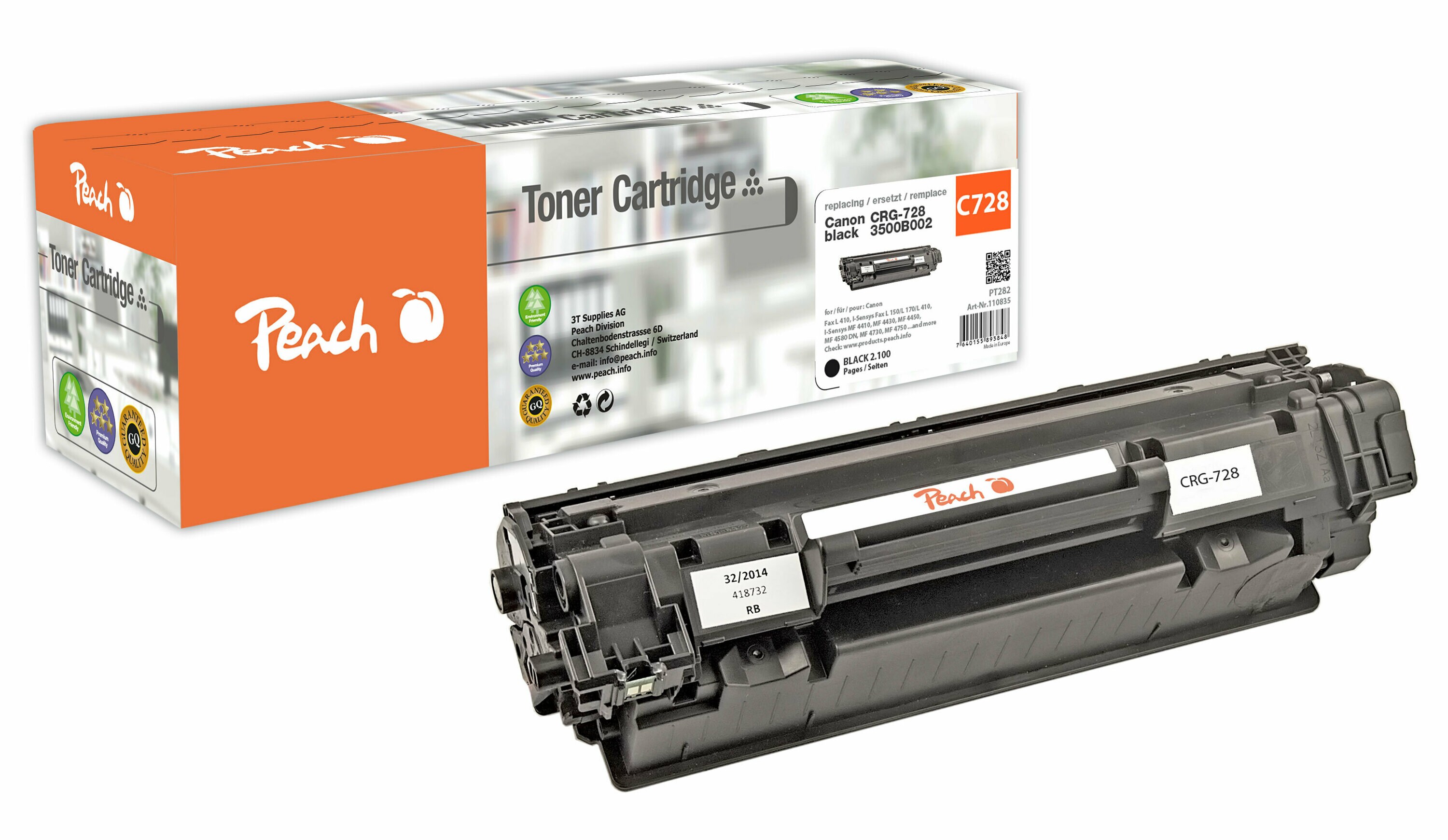 Peach HP 728 bk Toner bk ersetzt Canon CRG-728 bk, 3500B002 f&uuml;r z.B. Canon Fax L 150, Canon Fax L 170, Canon ISensys Fax L 150 (wiederaufbereitet) - Bild 1