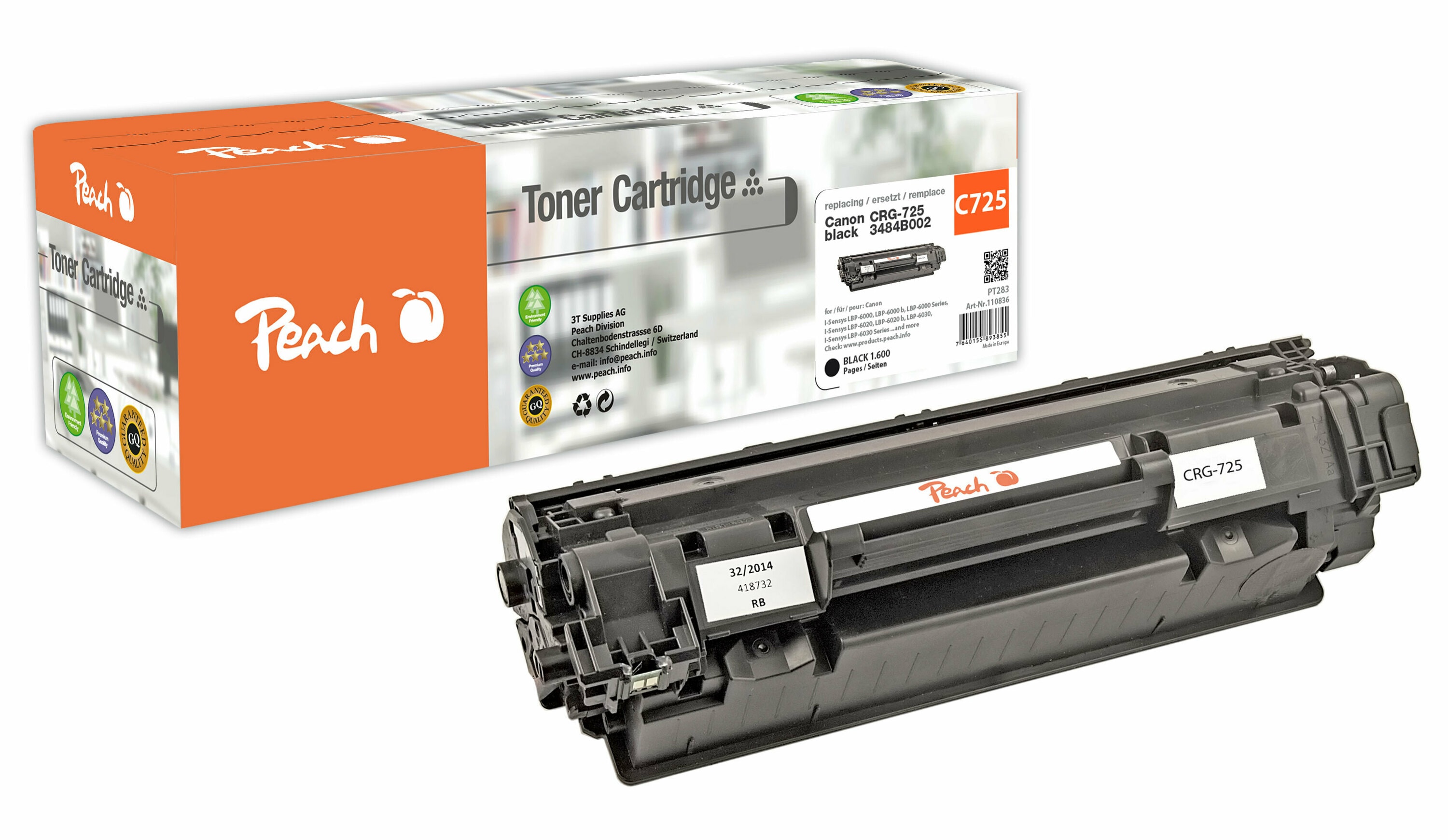 Peach HP 725  Toner bk ersetzt Canon CRG-725, 3484B002 f&uuml;r z.B. Canon ISensys LBP -6000, Canon ISensys LBP -6000 b, Canon ISensys LBP -6020 (wiederaufbereitet) - Bild 1