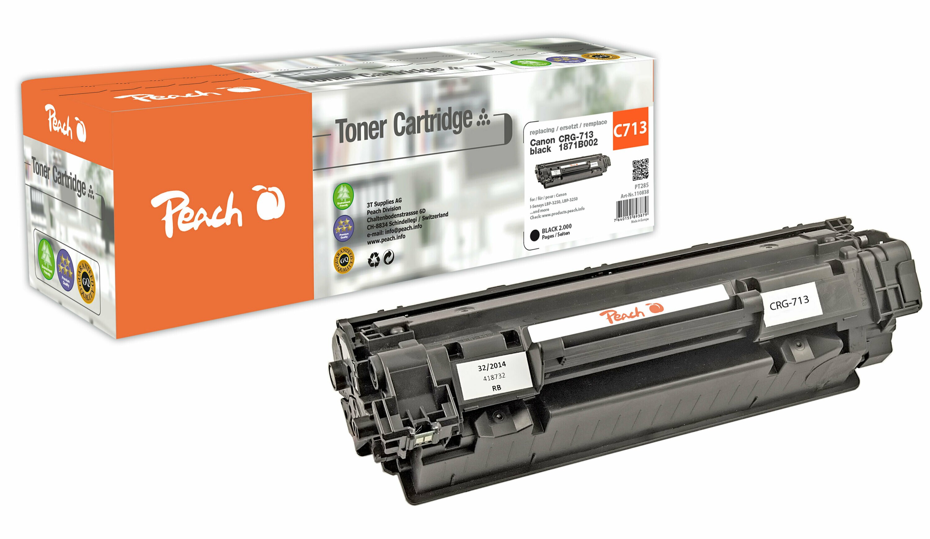 Peach C713 BK Toner bk ersetzt Canon No. 713BK, 1871B002 f&uuml;r z.B. Canon ISensys LBP -3250, Canon LBP -3250 (wiederaufbereitet) - Bild 1