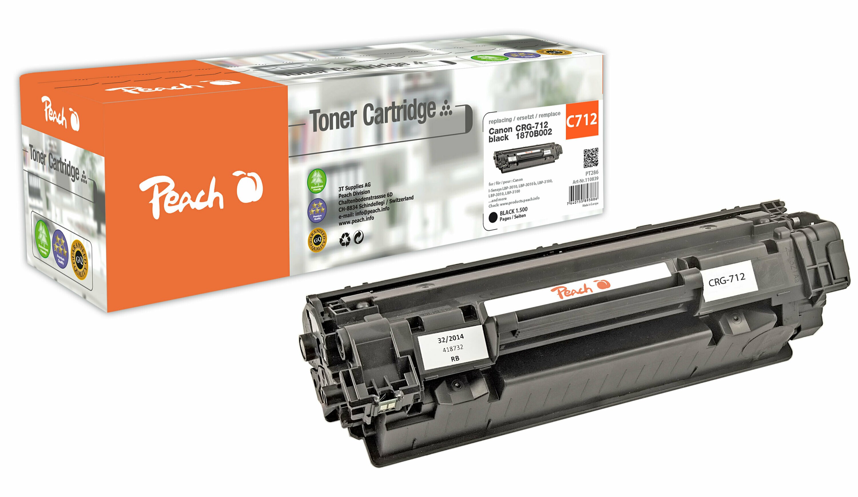 Peach HP 712 BK Toner bk ersetzt Canon No. 712BK, 1870B002 f&uuml;r z.B. Canon ISensys LBP -3010, Canon ISensys LBP -3010 b, Canon ISensys LBP -3100 (wiederaufbereitet) - Bild 1