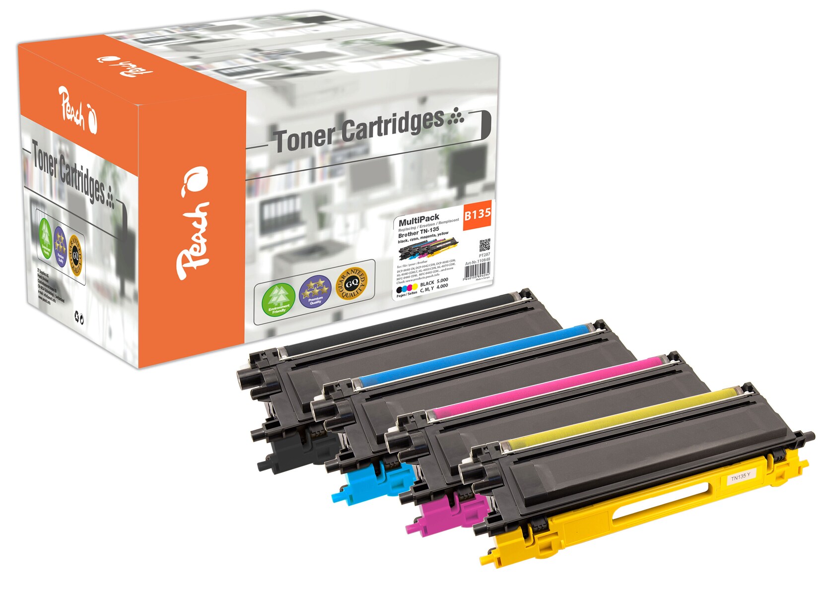 Peach B135 4 Toner XL (bk, c/m/y) ersetzt Brother TN-135 für z.B. Brother DCP -9040 CN, Brother DCP -9042 CDN, Brother DCP -9042 CN (wiederaufbereitet)