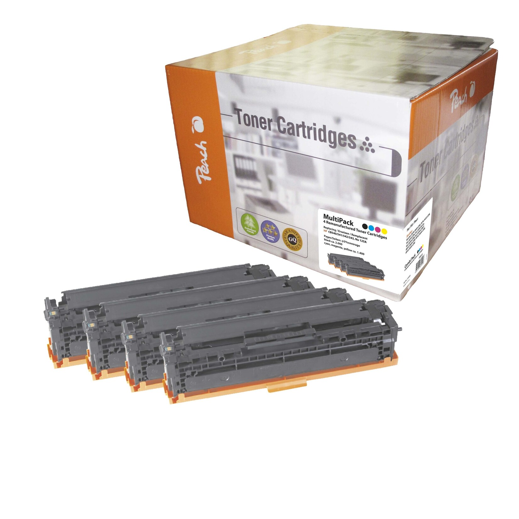 Peach HP 125 A 4 Toner (bk, c/m/y) ersetzt HP No. 125A, CB540A, CB541A, CB542A, CB543A für z.B. HP Color LaserJet CM 1300 (wiederaufbereitet)