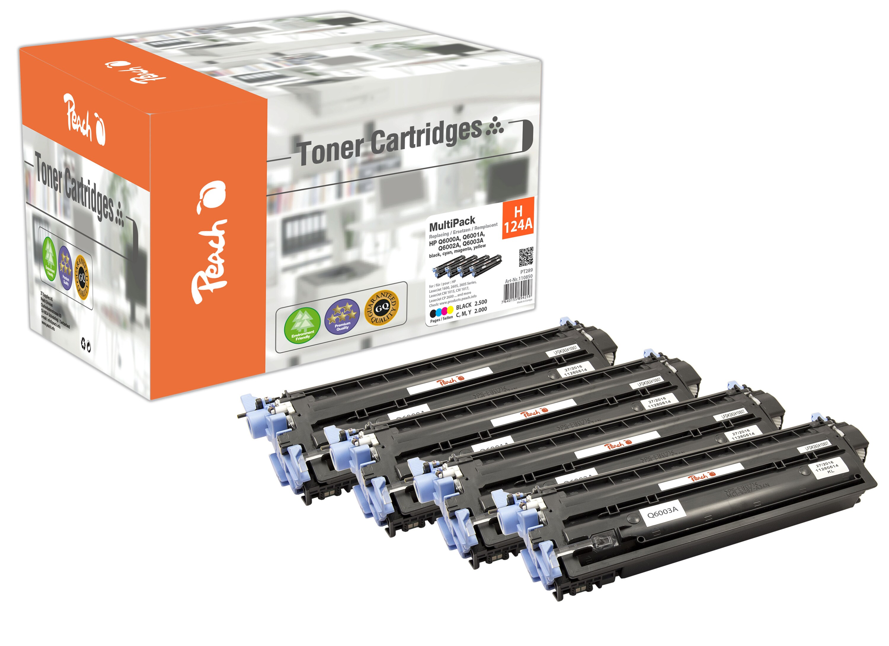 Peach HP 124 A 4 Toner (bk, c/m/y) ersetzt HP No. 124A, Q6000A, Q6001A, Q6002A, Q6003A f&uuml;r z.B. HP Color LaserJet 1600, HP Color LaserJet 2600 (wiederaufbereitet) - Bild 1