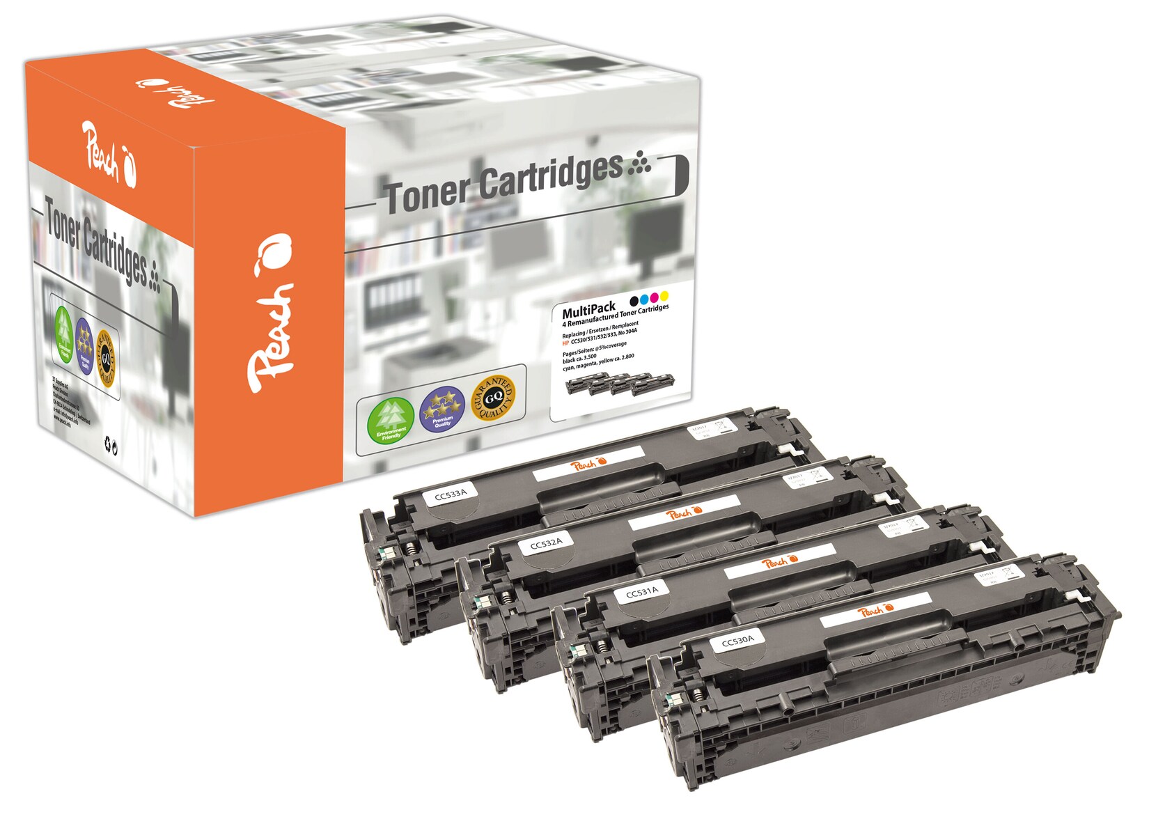 Peach HP 304 A 4 Toner (bk, c/m/y) ersetzt HP No. 304A, CC530A, CC531A, CC532A, CC533A für z.B. HP Color LaserJet CM 2300 (wiederaufbereitet)