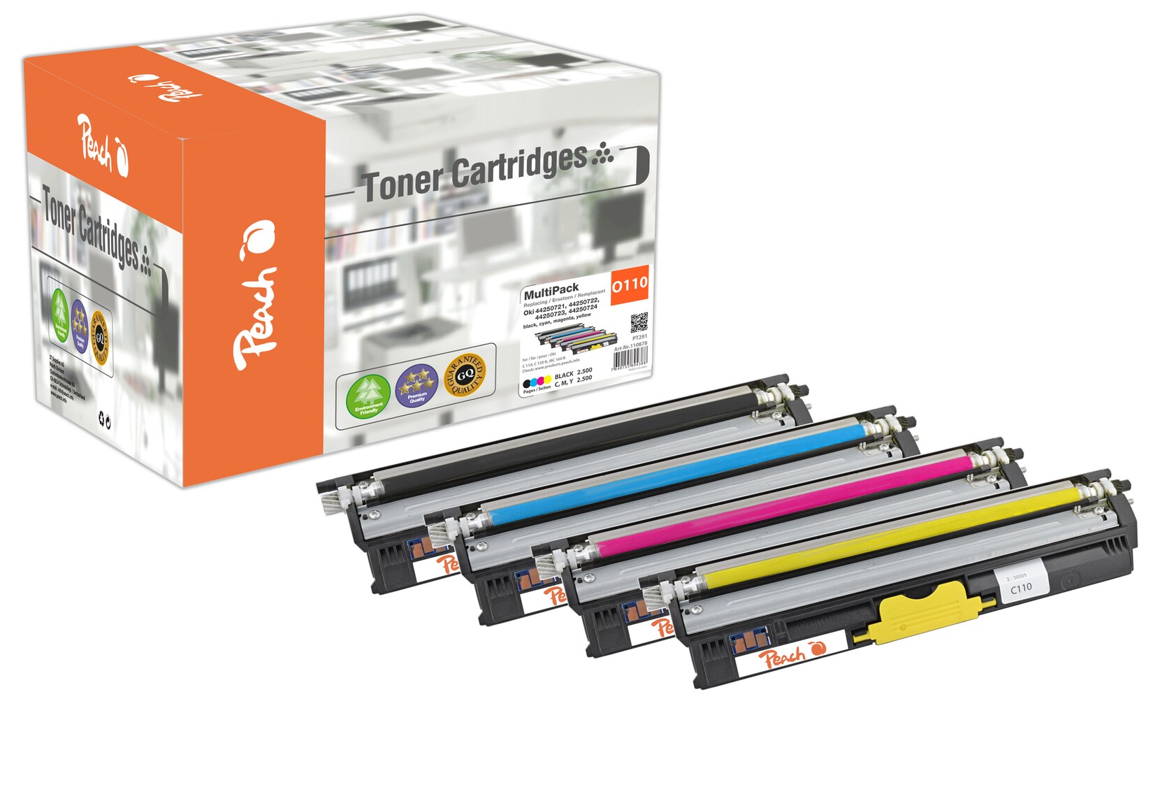 Peach O4425 4 Toner (bk, c/m/y) ersetzt OKI 44250721-0724 für z.B. OKI C 110, OKI C 130 N, OKI MC 160 N (wiederaufbereitet)