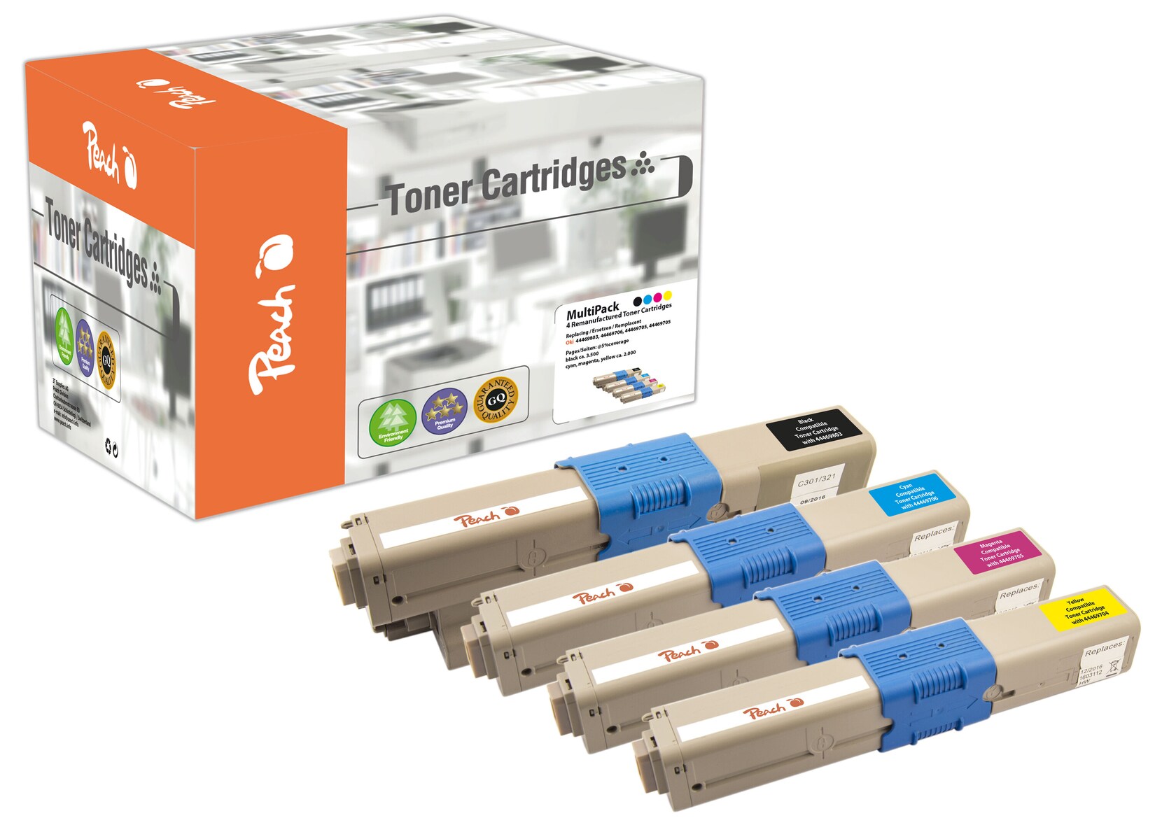 Peach O4446/4449 4 Toner (bk, c/m/y) ersetzt OKI 44469704-9803 für z.B. OKI C 331 DN, OKI C 310 DN, OKI C 330 DN, OKI C 510 DN, OKI C 511 DN (wiederaufbereitet)