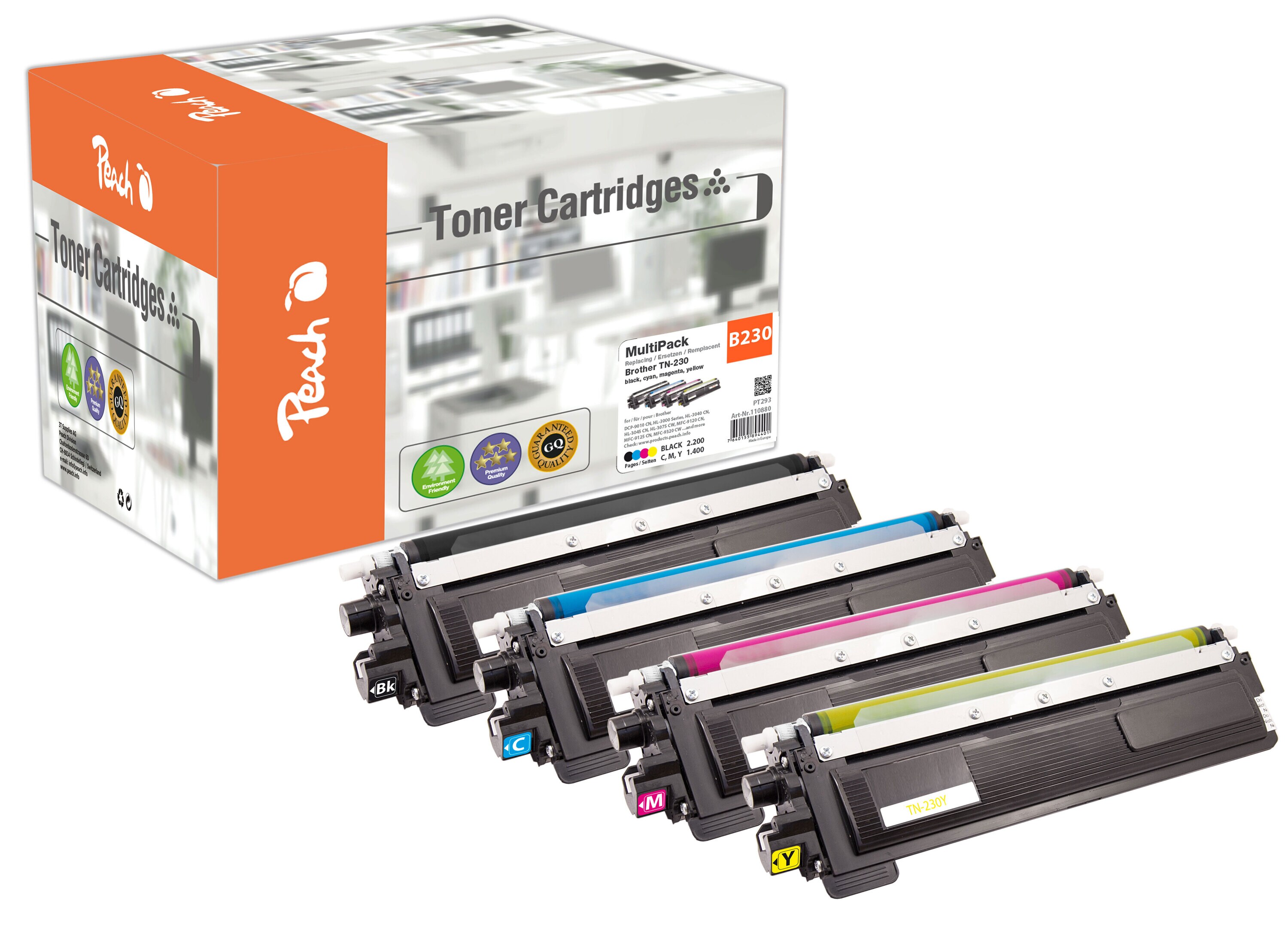 Peach B230  4 Toner (bk, c/m/y) ersetzt Brother TN-230 f&uuml;r z.B. Brother DCP -9010 CN, Brother HL -3000, Brother HL -3040 CN, Brother HL -3045 CN (wiederaufbereitet) - Bild 1