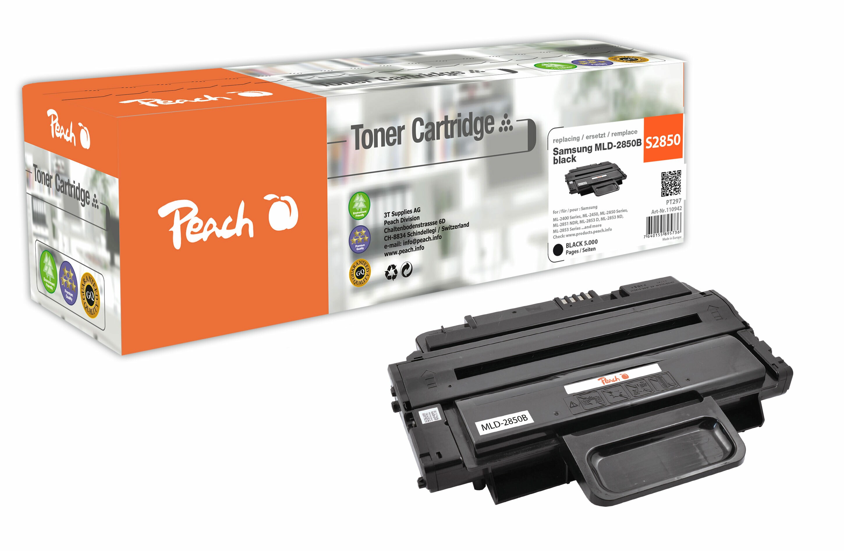 Peach S2850  Toner bk ersetzt Samsung ML-D2850B/ELS, SU654A f&uuml;r z.B. Samsung ML -2400, Samsung ML -2450, Samsung ML -2450 P, Samsung ML -2451 (wiederaufbereitet) - Bild 1