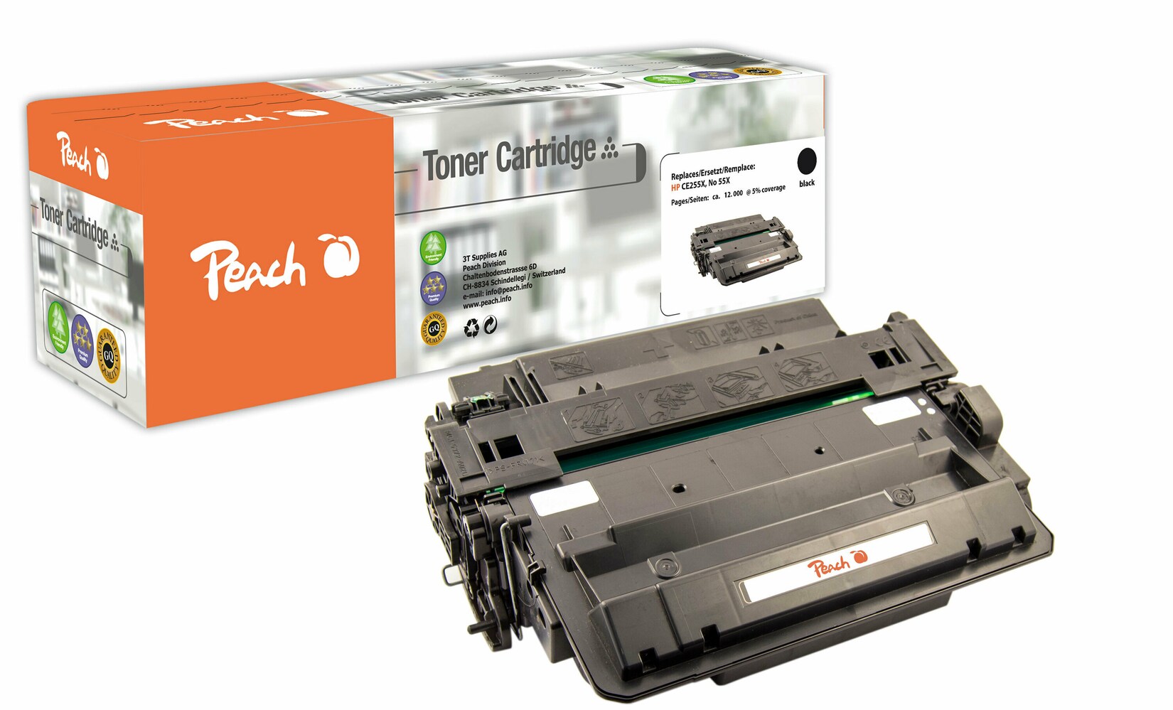 Peach HP 55 XBK Toner HC XL bk ersetzt HP No. 55XBK, CE255X für z.B. HP LaserJet Enterprise 500 MFP M 525 dn, HP LaserJet Enterprise P 3000 (wiederaufbereitet)