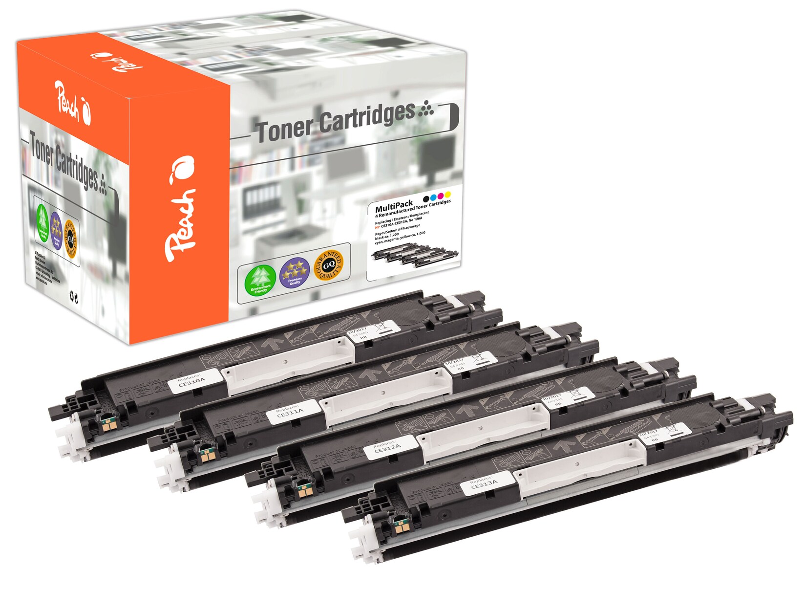 Peach HP 126 A 4 Toner (bk, c/m/y) ersetzt HP No. 126A, CE310A, CE311A, CE312A, CE313A für z.B. HP Color LaserJet Pro CP 1000, HP LaserJet CP 1000 (wiederaufbereitet)
