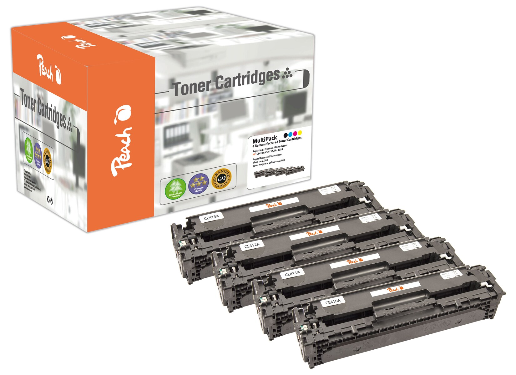 Peach HP 305 A 4 Toner (bk, c/m/y) ersetzt HP No. 305A, CE410A, CE411A, CE412A, CE413A für z.B. HP LaserJet Pro 400 color MFP M 475 dw (wiederaufbereitet)
