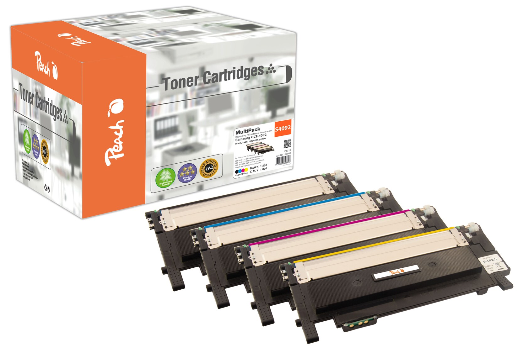 Peach S4092 4 Toner (bk, c/m/y) ersetzt Samsung CLT-P4092C/ELS, SU392A für z.B. Samsung CLP -310, Samsung CLP -310 N, Samsung CLP -315 (wiederaufbereitet)