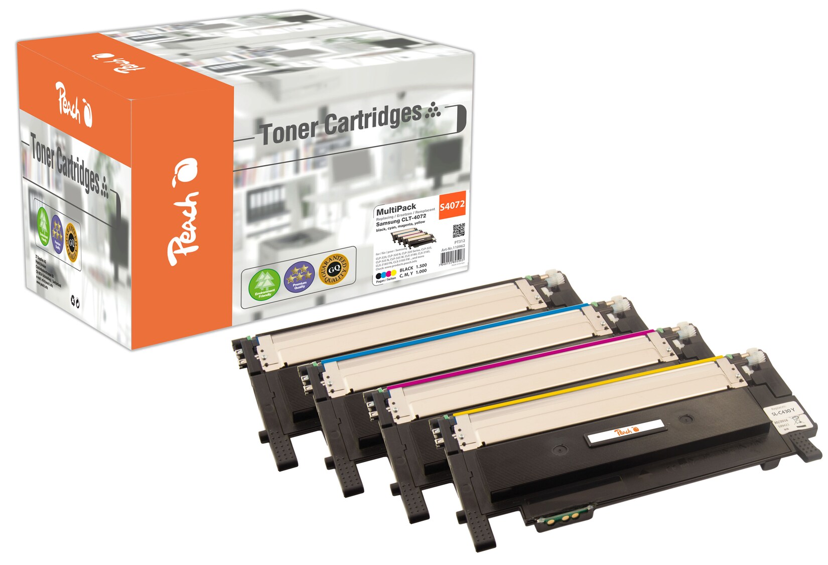 Peach S4072 4 Toner (bk, c/m/y) ersetzt Samsung CLT-P4072C/ELS, SU382A für z.B. Samsung CLP -320, Samsung CLP -320 N, Samsung CLP -325 (wiederaufbereitet)