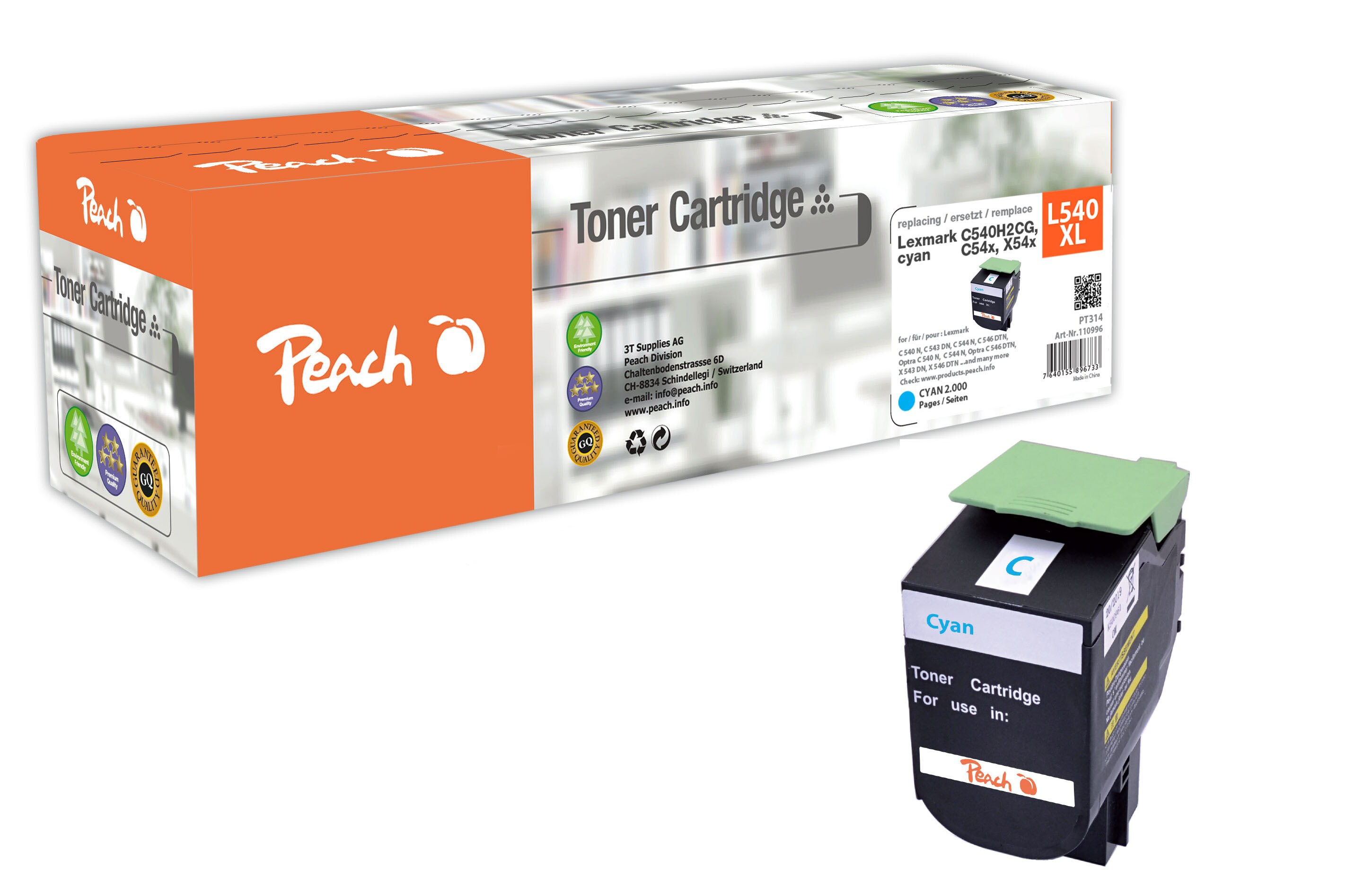 Peach L54  Toner XL cy ersetzt Lexmark C540H2CG f&uuml;r z.B. Lexmark C 540 N, Lexmark C 543 DN, Lexmark C 544 DN, Lexmark C 544 DTN, Lexmark C 544 DW (wiederaufbereitet) - Bild 1