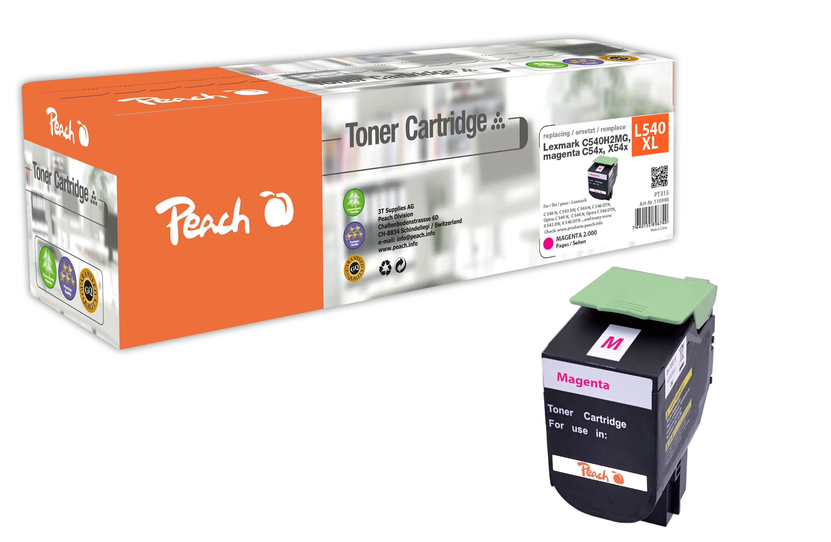 Peach L54  Toner XL ma ersetzt Lexmark C540H2MG f&uuml;r z.B. Lexmark C 540 N, Lexmark C 543 DN, Lexmark C 544 DN, Lexmark C 544 DTN, Lexmark C 544 DW (wiederaufbereitet) - Bild 1