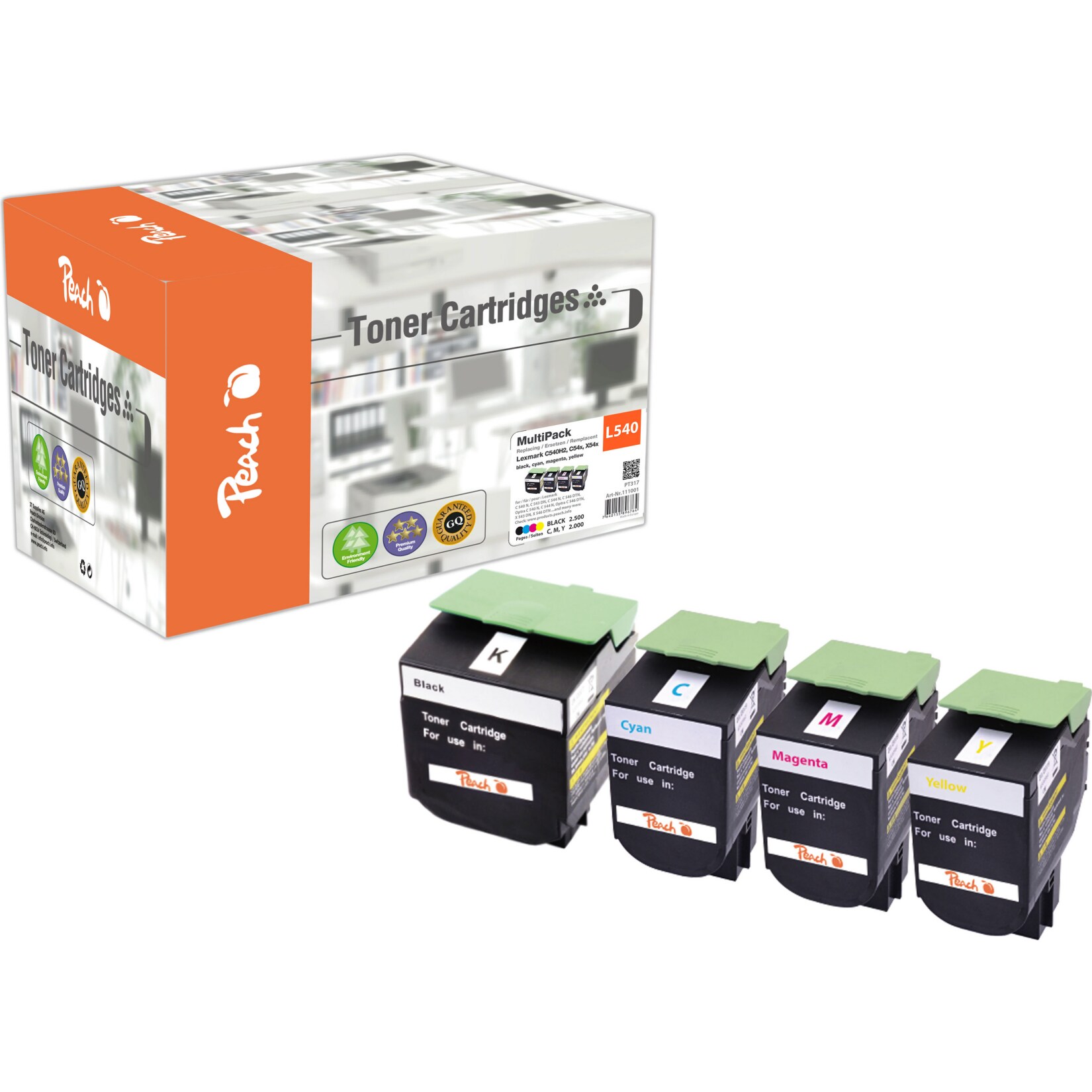 Peach L54 4 Toner XL (bk, c/m/y) ersetzt Lexmark C540H2 für z.B. Lexmark C 540 N, Lexmark C 543 DN, Lexmark C 544 DN, Lexmark C 544 DTN (wiederaufbereitet)