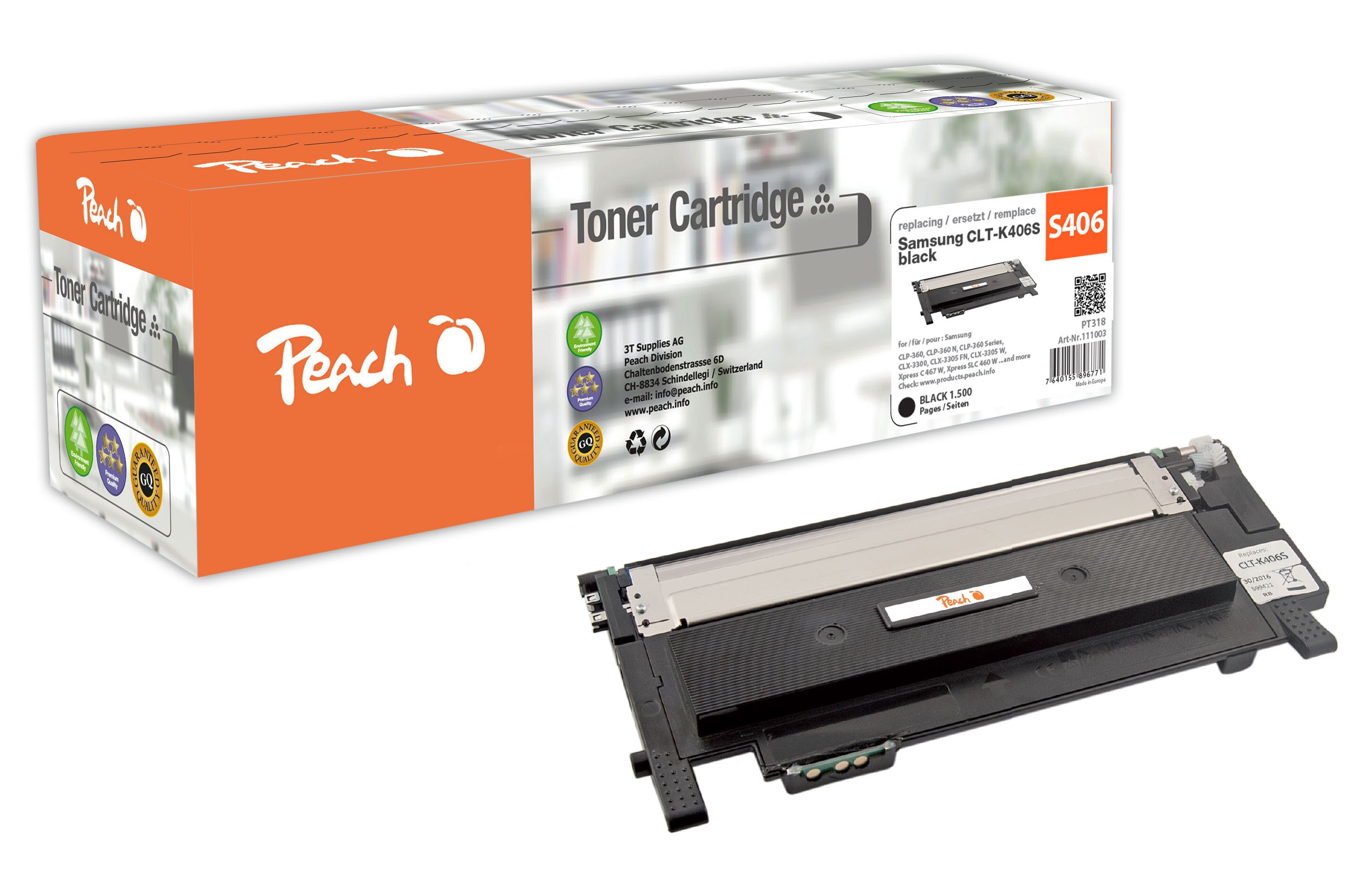 Peach S406  Toner bk ersetzt Samsung CLT-K406S/ELS, SU118A f&uuml;r z.B. Samsung CLP -360, Samsung CLP -360 N, Samsung CLP -360 ND, Samsung CLP -365 (wiederaufbereitet) - Bild 1