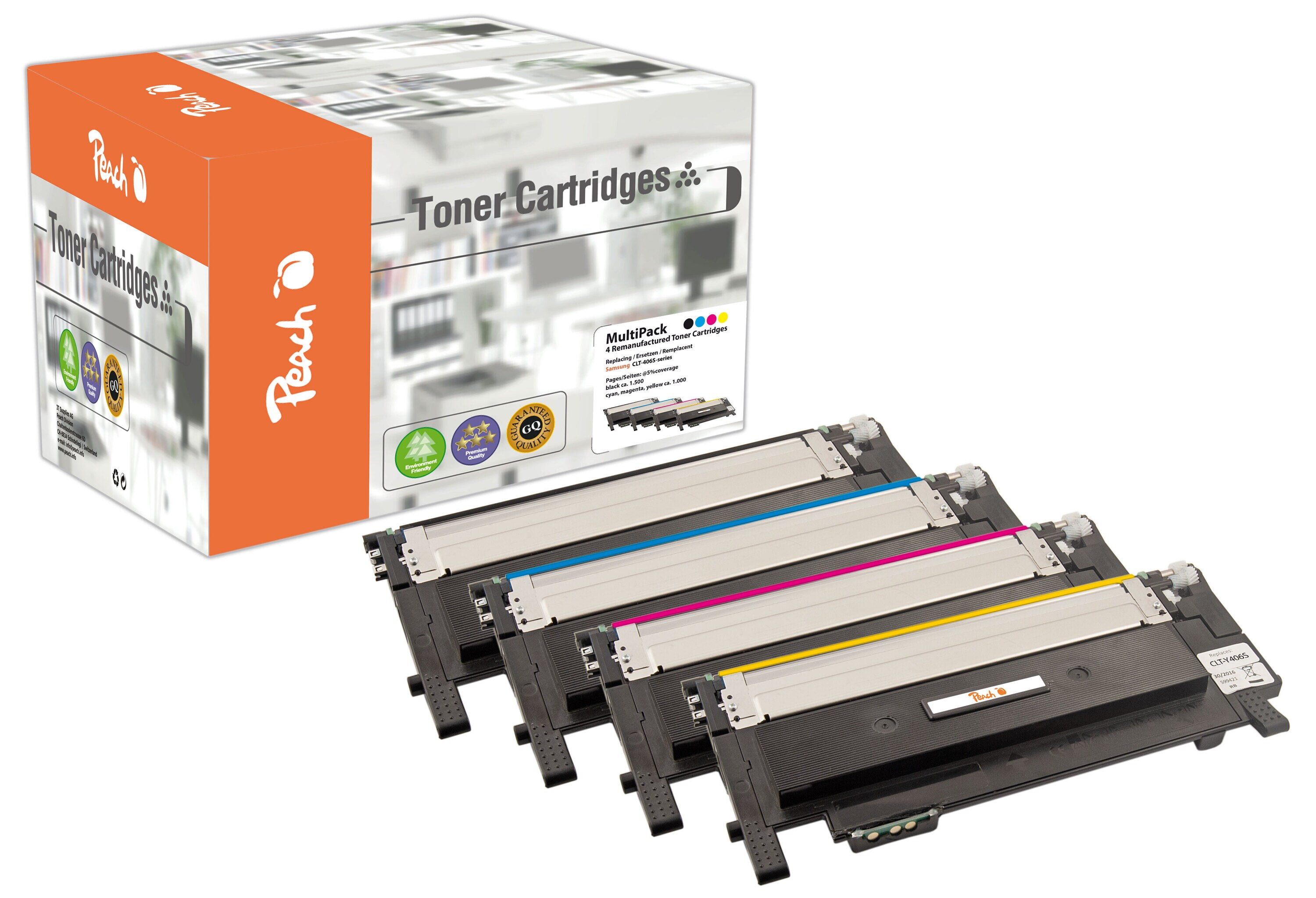 Peach S406  4 Toner (bk, c/m/y) ersetzt Samsung CLT-P406C/ELS, SU375A f&uuml;r z.B. Samsung CLP -360, Samsung CLP -360 N, Samsung CLP -360 ND (wiederaufbereitet) - Bild 1