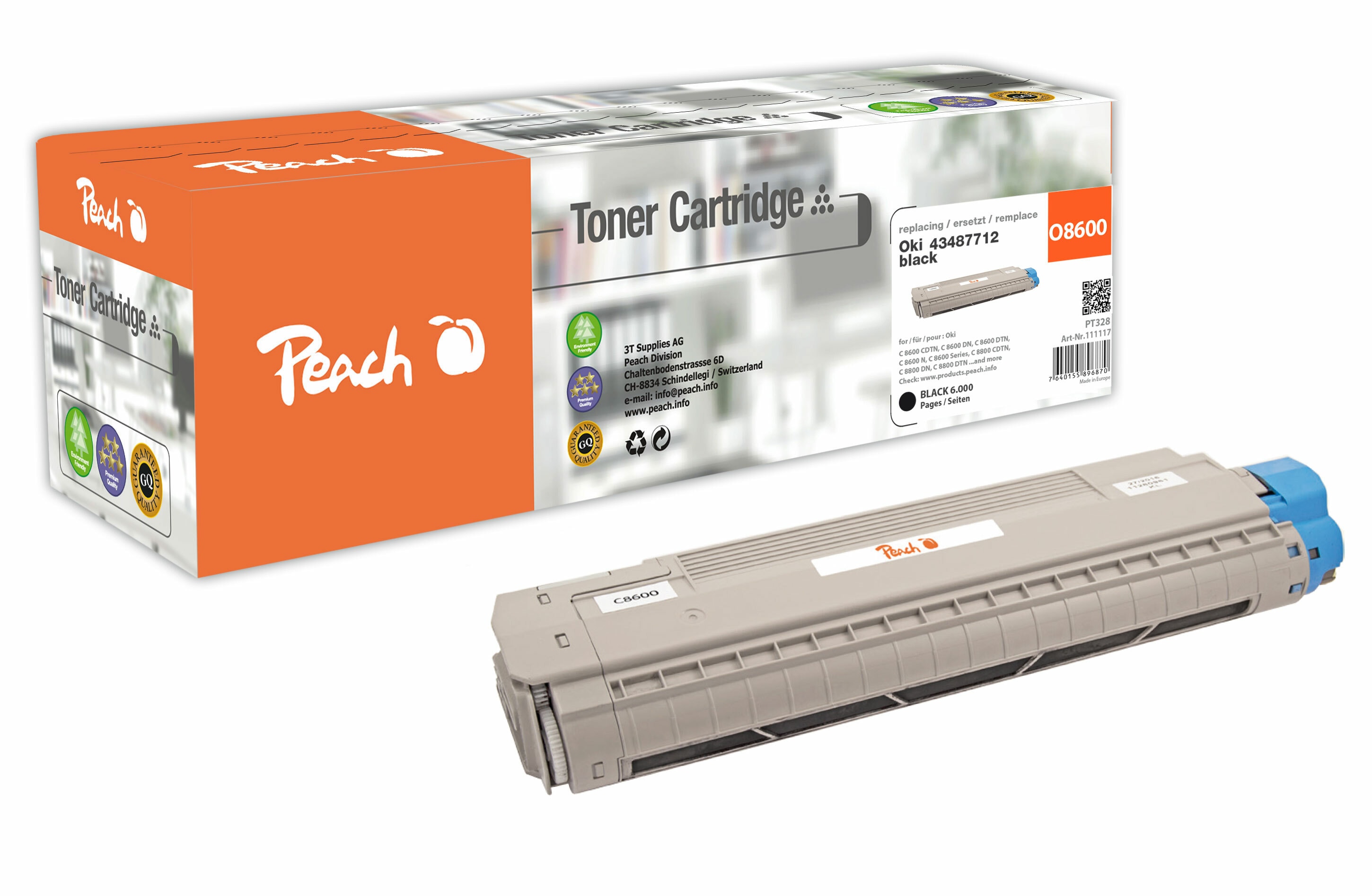 Peach O4348/69 Toner bk ersetzt OKI 43487712 f&uuml;r z.B. OKI C 8600 CDTN, OKI C 8600 DN, OKI C 8600 DTN, OKI C 8600 N, OKI C 8600, OKI C 8800 CDTN (wiederaufbereitet) - Bild 1