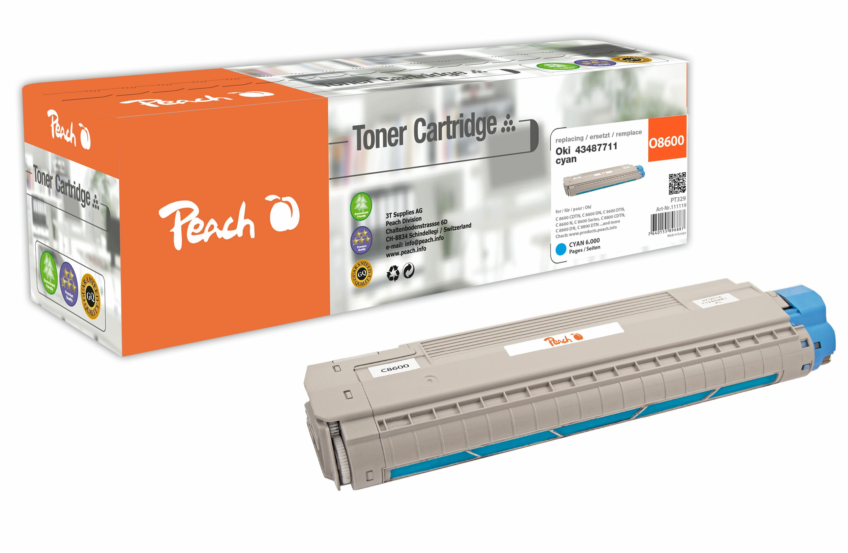 Peach O4348/69 Toner cy ersetzt OKI 43487711 f&uuml;r z.B. OKI C 8600 CDTN, OKI C 8600 DN, OKI C 8600 DTN, OKI C 8600 N, OKI C 8600, OKI C 8800 CDTN (wiederaufbereitet) - Bild 1