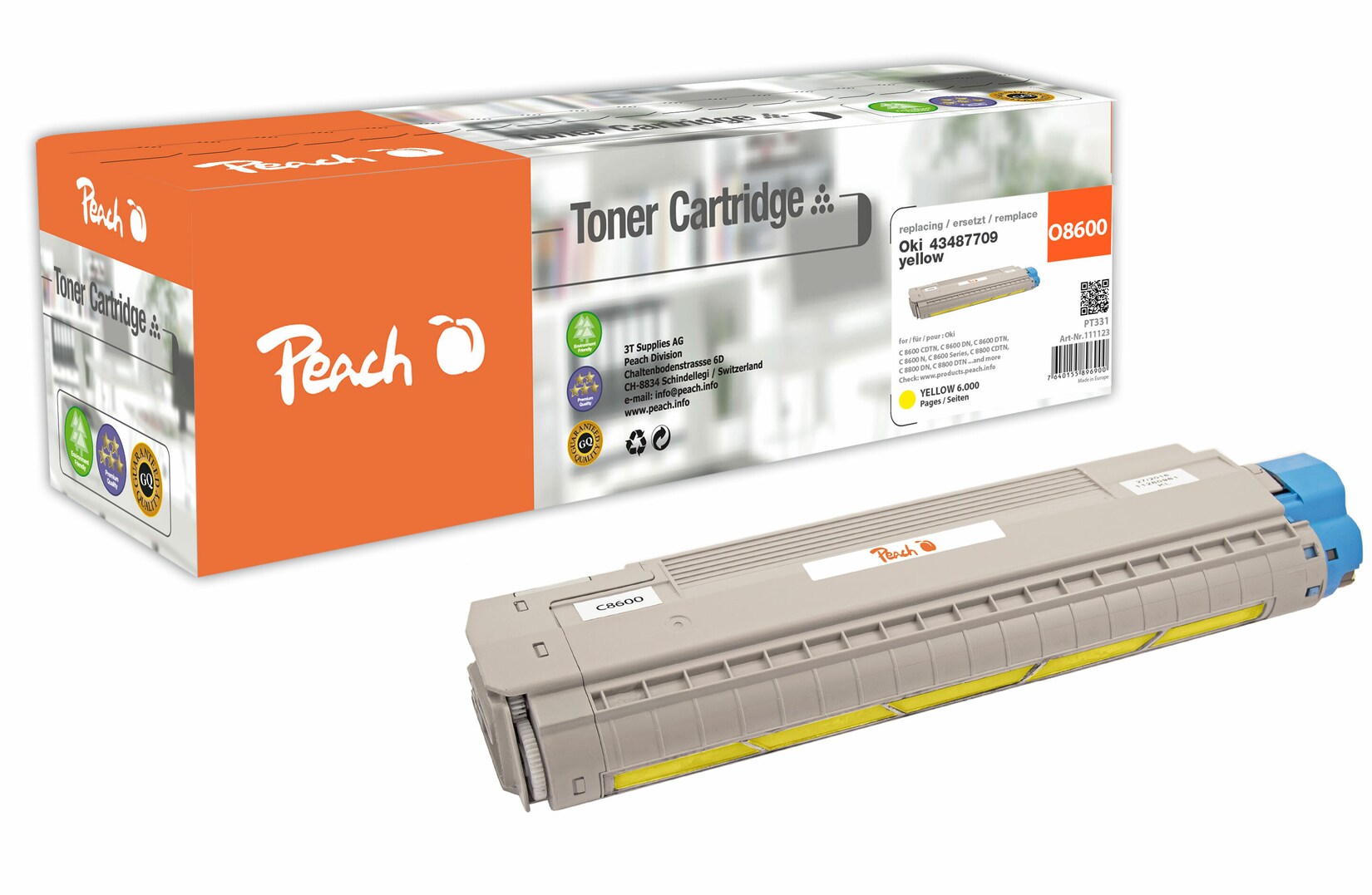 Peach O4348/69 Toner ye ersetzt OKI 43487709 für z.B. OKI C 8600 CDTN, OKI C 8600 DN, OKI C 8600 DTN, OKI C 8600 N, OKI C 8600, OKI C 8800 CDTN (wiederaufbereitet)