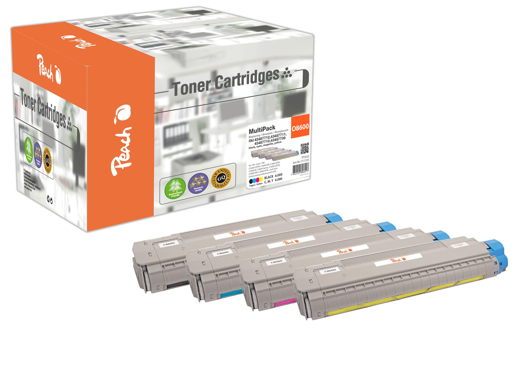 Peach O4348/69 4 Toner (bk, c/m/y) ersetzt OKI 43698501 für z.B. OKI C 8600 CDTN, OKI C 8600 DN, OKI C 8600 DTN, OKI C 8600 N, OKI C 8600 (wiederaufbereitet)