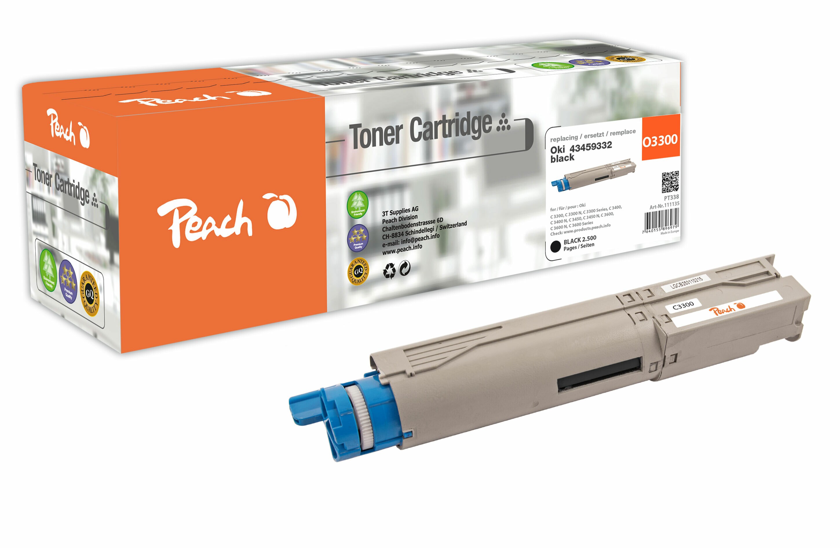 Peach O4345/46 Toner bk ersetzt OKI 43459332 f&uuml;r z.B. OKI C 3300, OKI C 3300 N, OKI C 3400, OKI C 3400 N, OKI C 3450, OKI C 3450 N, OKI C 3600 (wiederaufbereitet) - Bild 1