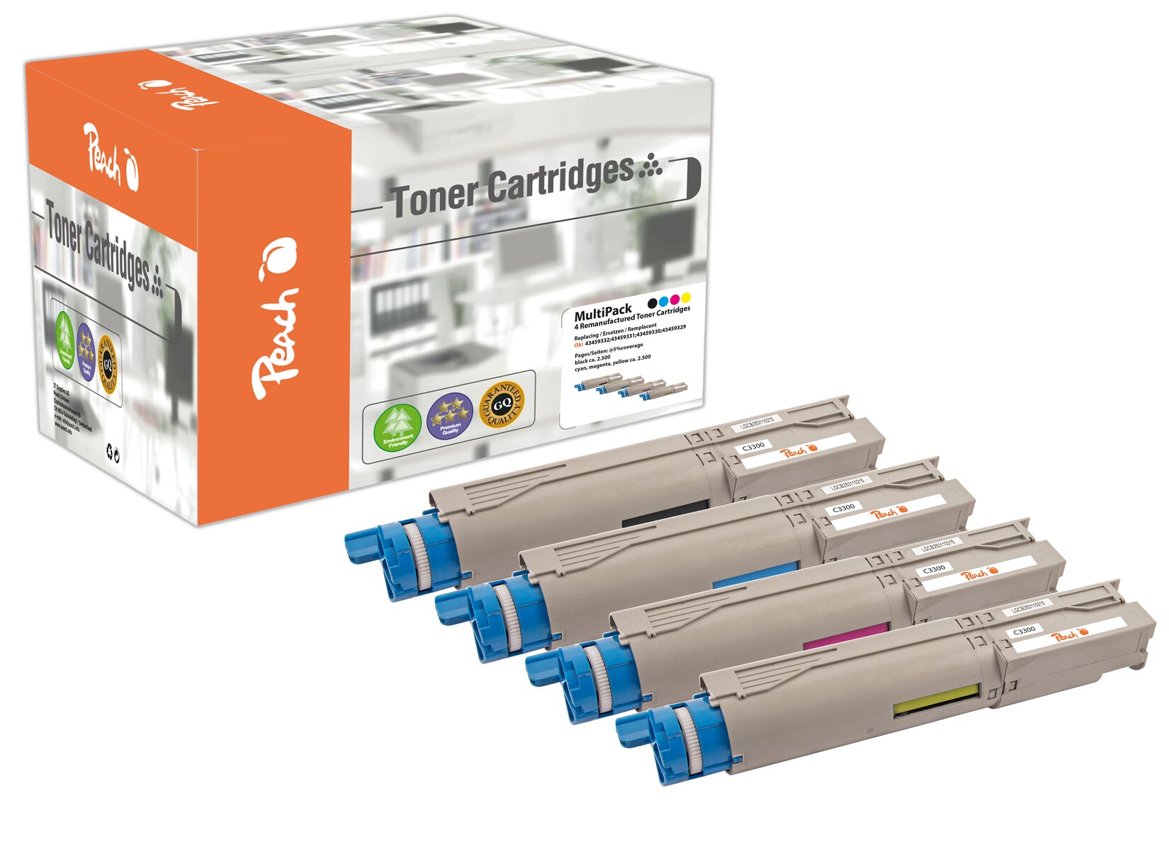Peach O4345/46 4 Toner (bk, c/m/y) ersetzt OKI 43459329-9332 für z.B. OKI C 3300, OKI C 3300 N, OKI C 3400, OKI C 3400 N, OKI C 3450 (wiederaufbereitet)