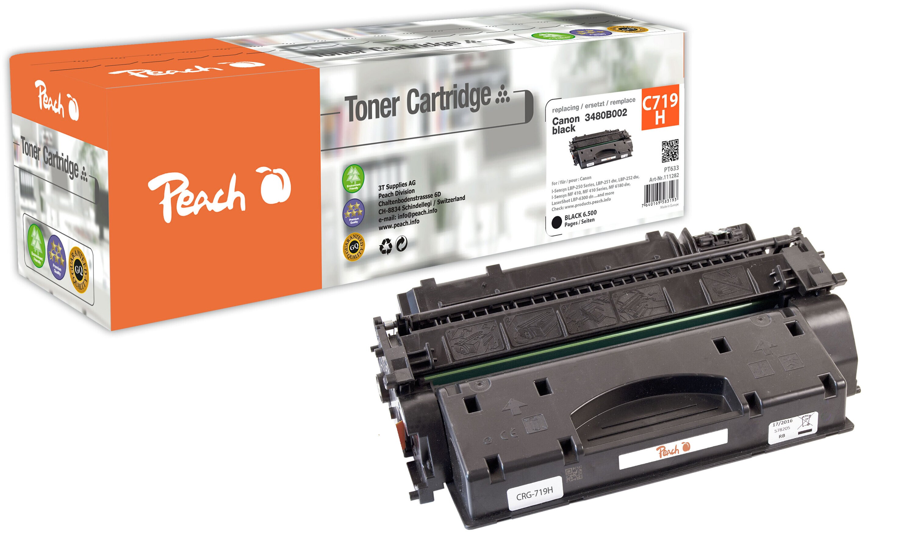 Peach HP 719 HBK Toner XL bk ersetzt Canon No. 719H BK, 3480B002 f&uuml;r z.B. Canon ISensys LBP -6300 dn, Canon ISensys LBP -6300, Canon LBP -6300 dn (wiederaufbereitet) - Bild 1