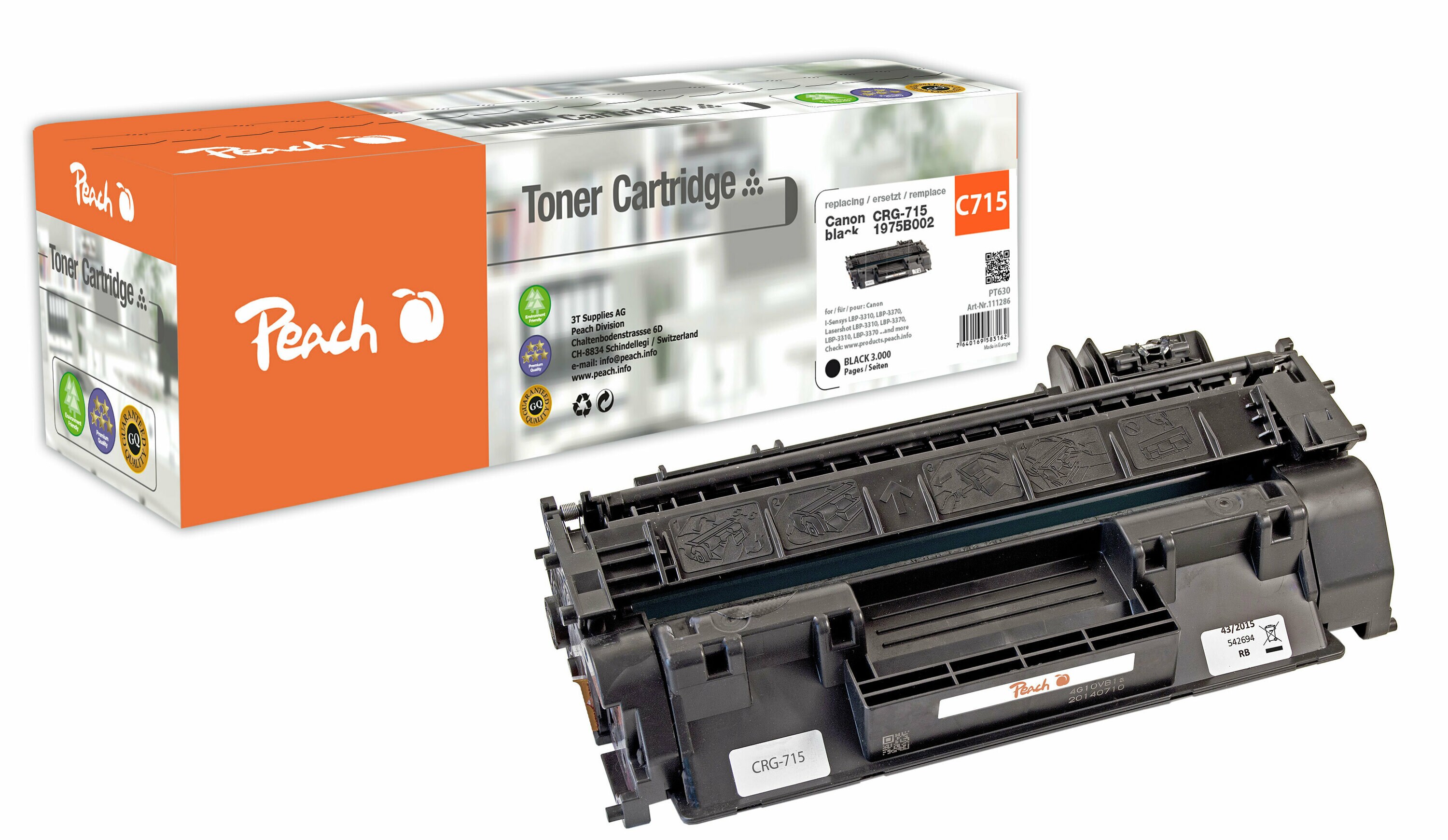 Peach C715  Toner bk ersetzt Canon CRG-715, EP 52, 1975B002 f&uuml;r z.B. Canon ISensys LBP -3310, Canon ISensys LBP -3370, Canon Lasershot LBP -3310 (wiederaufbereitet) - Bild 1