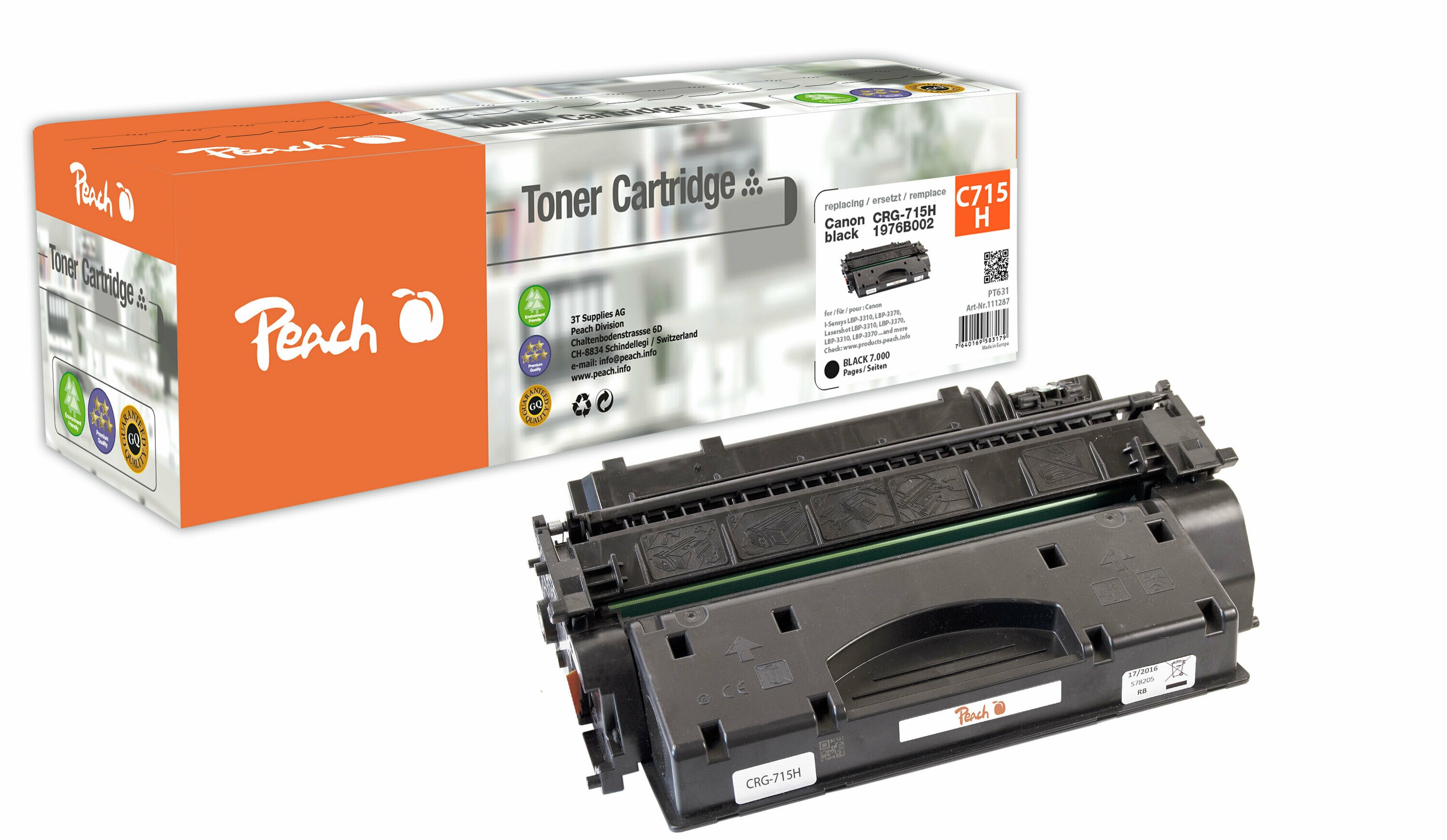 Peach C715 H Toner XL bk ersetzt Canon CRG-715H, EP 52, 1976B002 f&uuml;r z.B. Canon ISensys LBP -3310, Canon ISensys LBP -3370, Canon LBP -3310 (wiederaufbereitet) - Bild 1