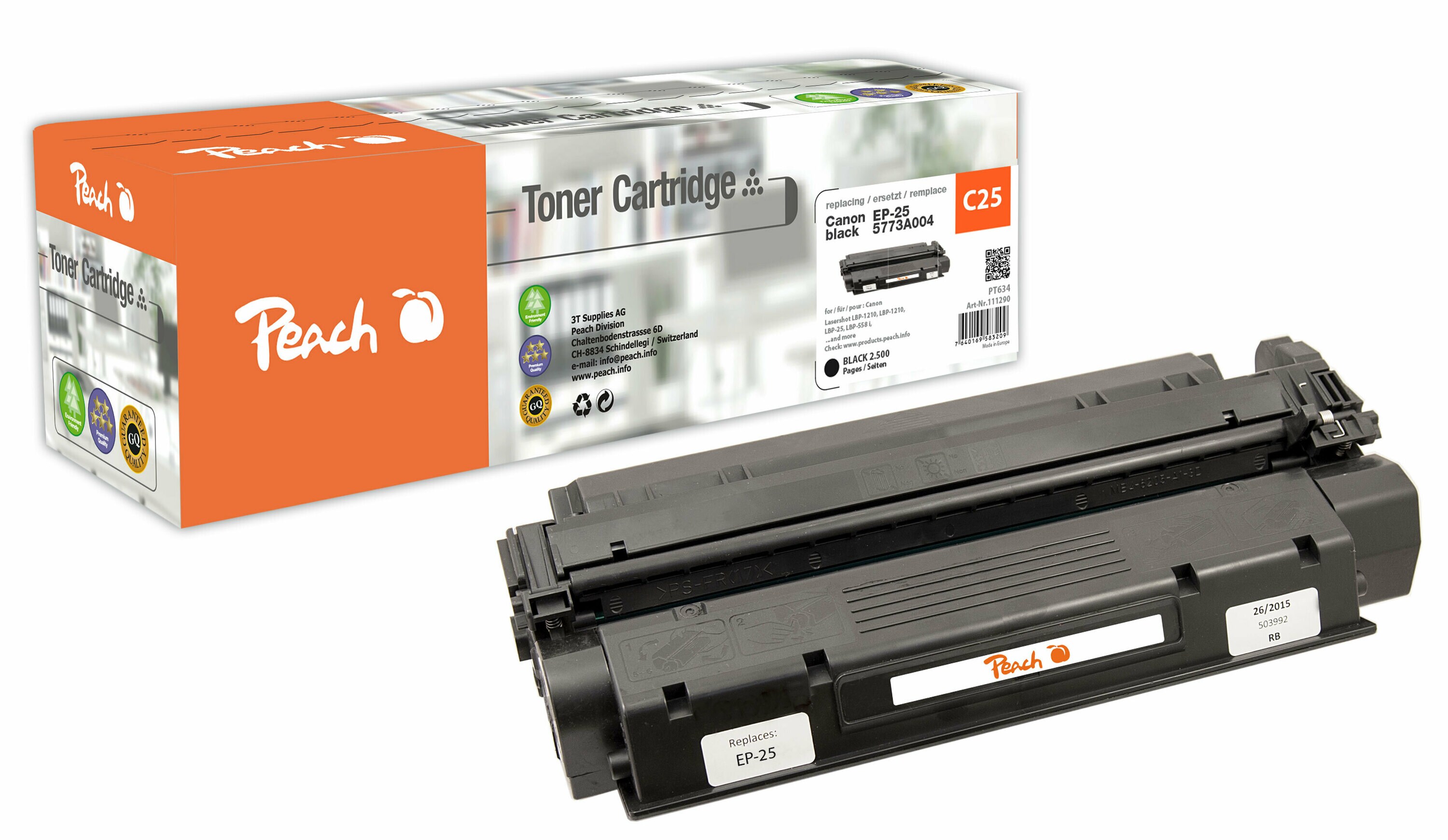 Peach HP 15A/X-C7115A/X-C047/EP-25 Toner bk ersetzt Canon EP-25, 5773A004 f&uuml;r z.B. Canon Lasershot LBP -1210, Canon LBP -1210, Canon LBP -25 (wiederaufbereitet) - Bild 1