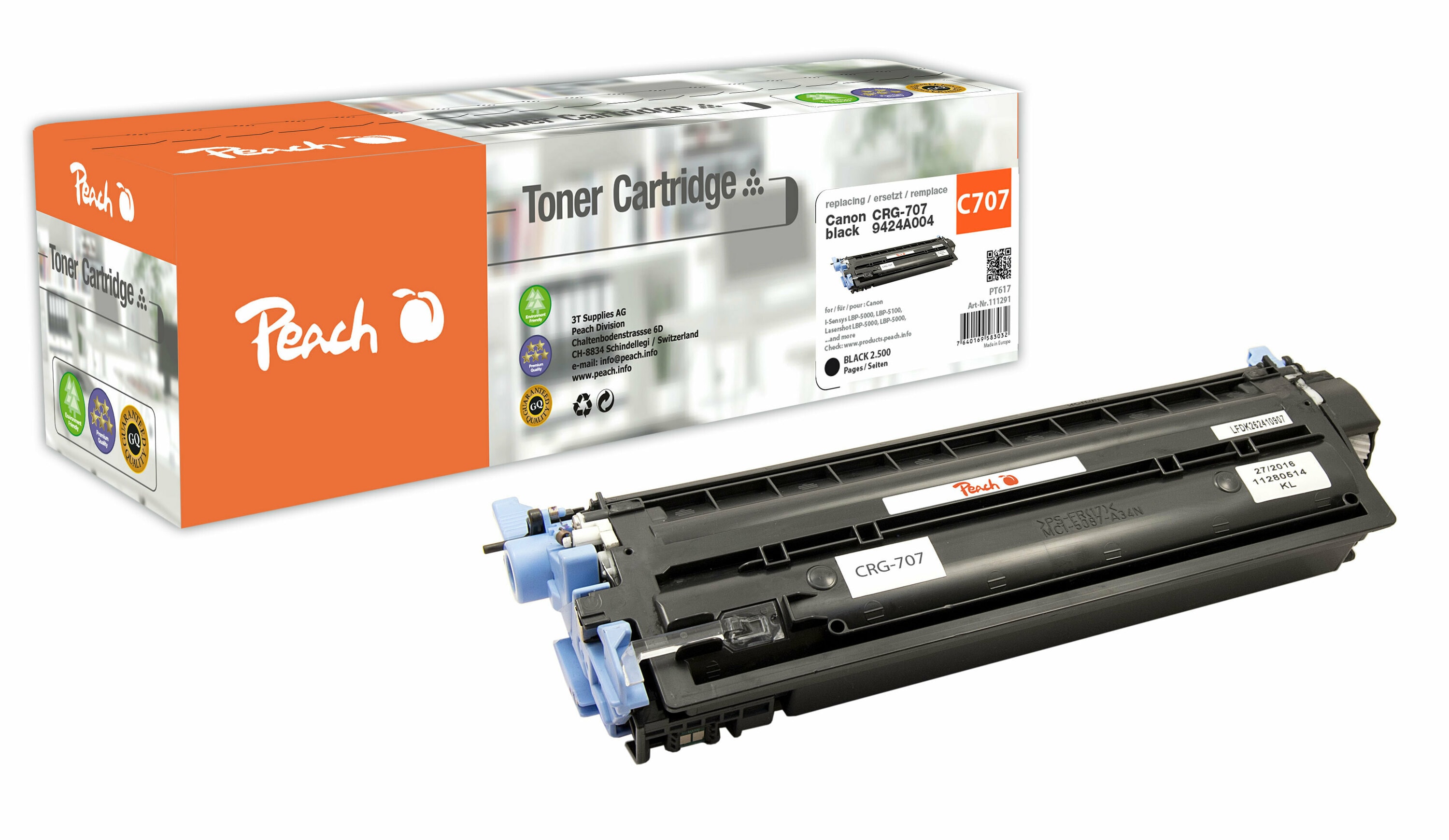 Peach C707 BK Toner bk ersetzt Canon CRG-707BK, 9424A004 f&uuml;r z.B. Canon ISensys LBP -5000, Canon ISensys LBP -5100, Canon Lasershot LBP -5000 (wiederaufbereitet) - Bild 1