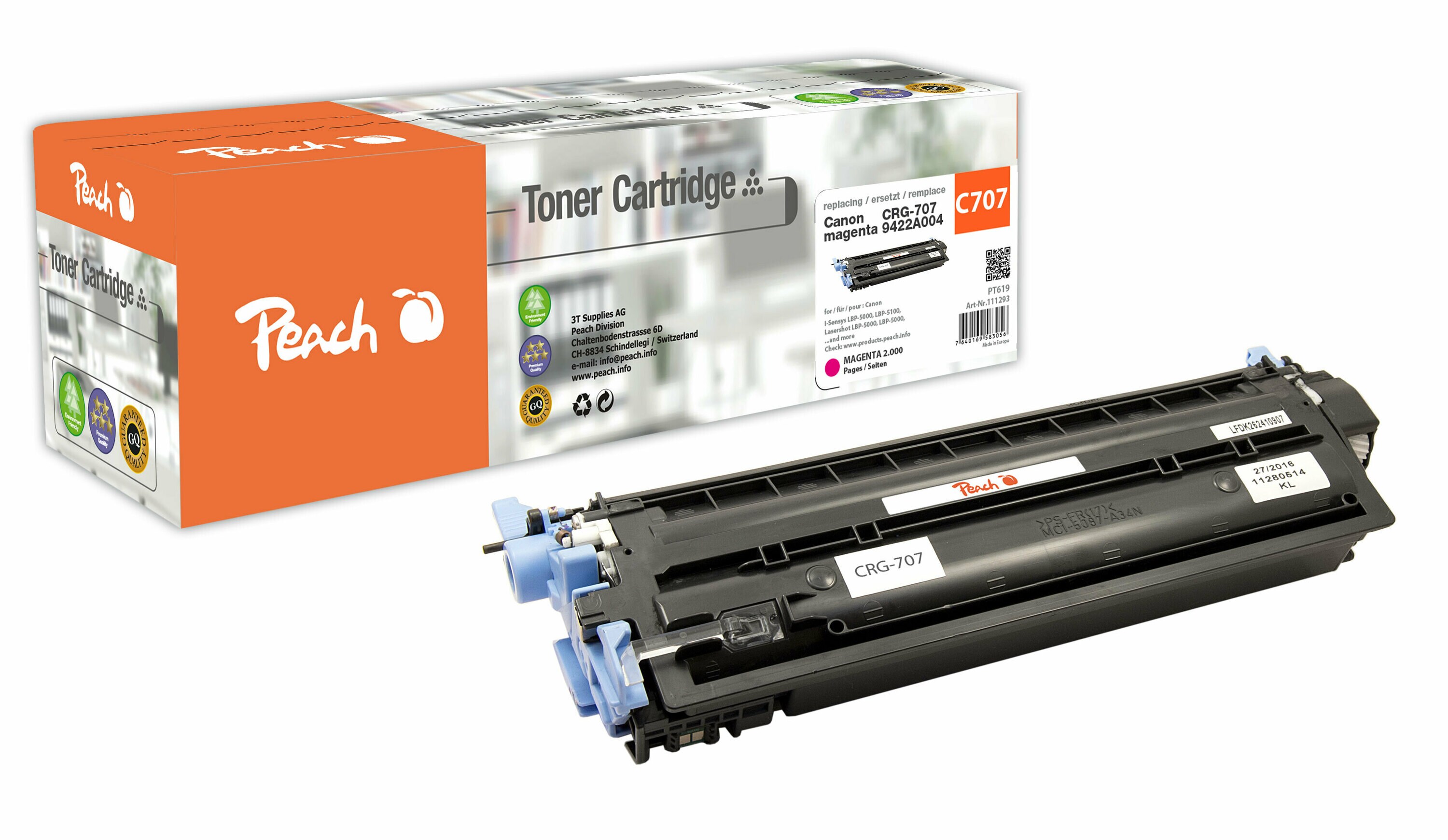 Peach C707 M Toner ma ersetzt Canon CRG-707M, 9422A004 f&uuml;r z.B. Canon ISensys LBP -5000, Canon ISensys LBP -5100, Canon Lasershot LBP -5000 (wiederaufbereitet) - Bild 1