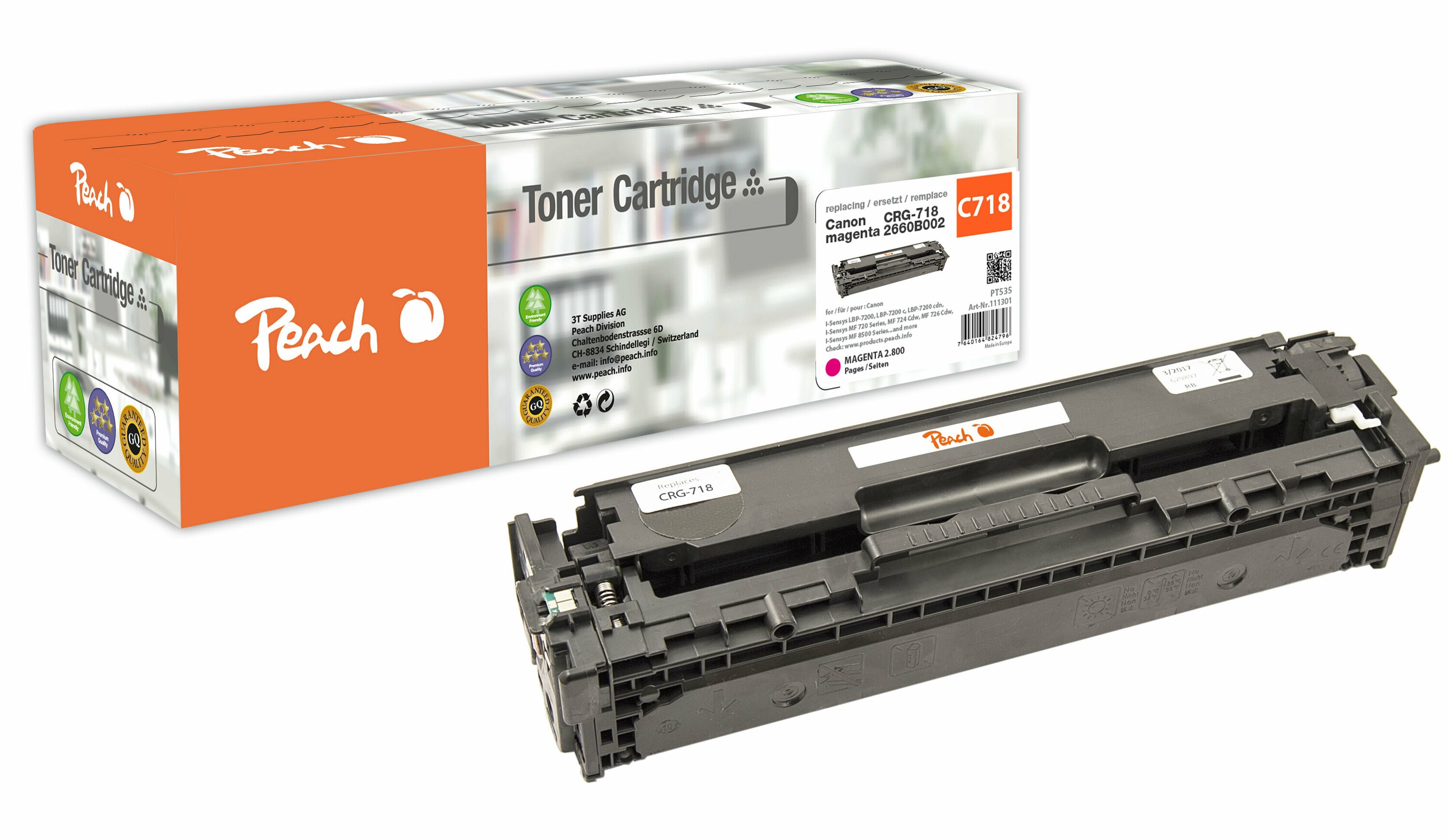 Peach HP 718 M Toner ma ersetzt Canon No. 718M, 2660B002 f&uuml;r z.B. Canon ISensys MF 8540 cdn, Canon ISensys LBP -7200, Canon ISensys LBP -7200 c (wiederaufbereitet) - Bild 1