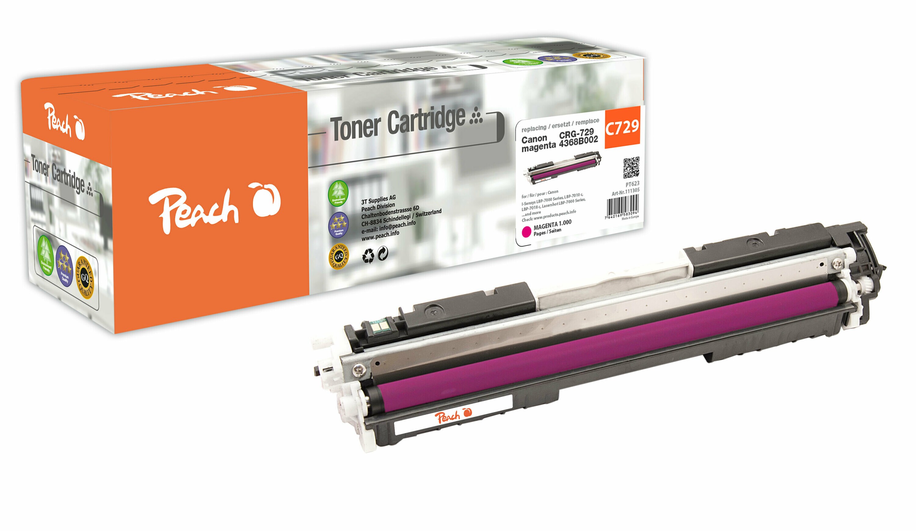 Peach HP 729 M Toner ma ersetzt Canon No. 729M, 4368B002 f&uuml;r z.B. Canon ISensys LBP -7000, Canon ISensys LBP -7010 c, Canon ISensys LBP -7018 c (wiederaufbereitet) - Bild 1