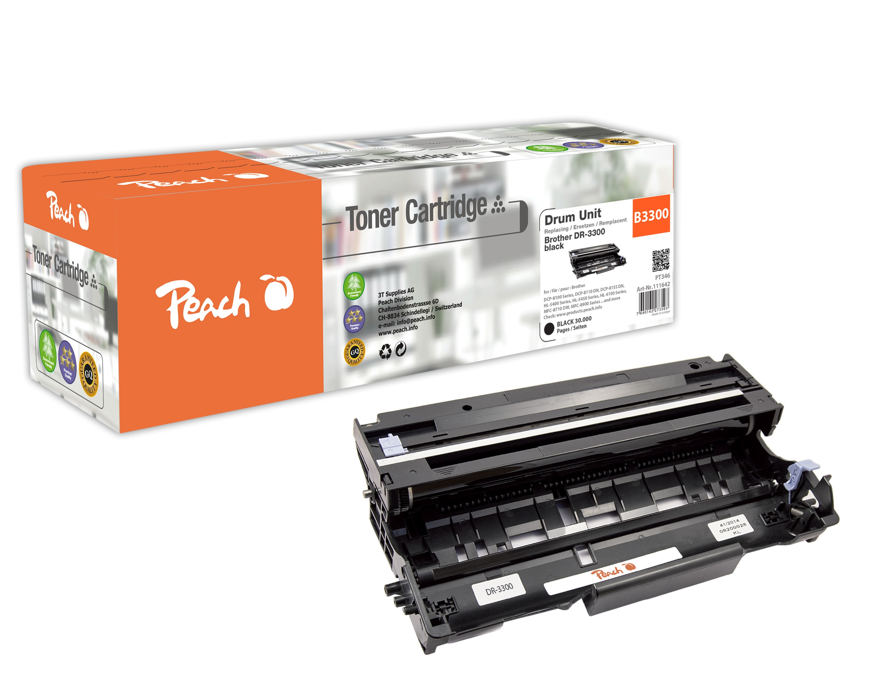 Peach B3300  Trommeleinheit ersetzt Brother DR-3300 f&uuml;r z.B. Brother DCP -8100, Brother DCP -8110 DN, Brother DCP -8155 DN, Brother DCP -8250 DN (wiederaufbereitet) - Bild 1