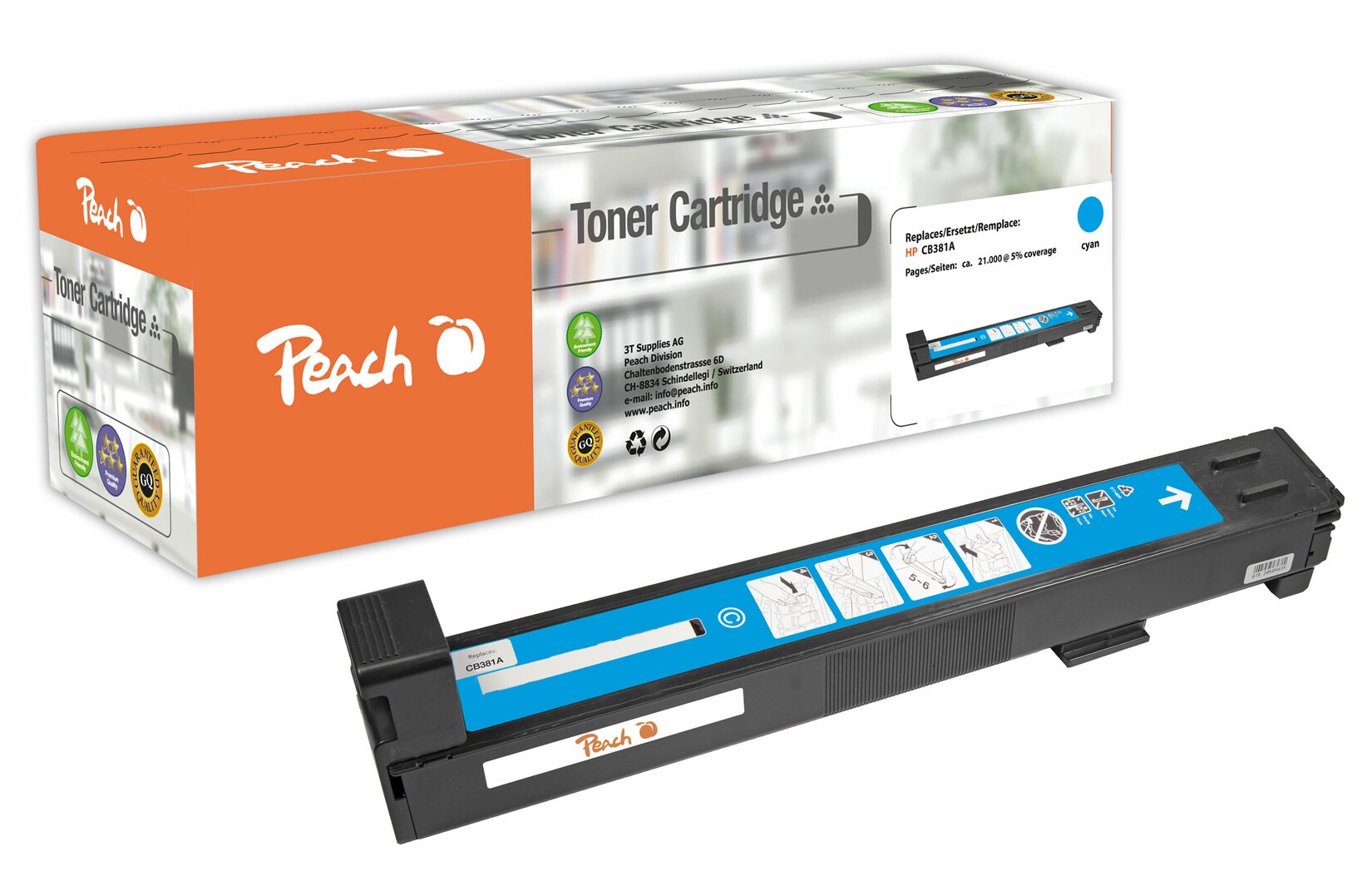 Peach HP 824 AC Toner cy ersetzt HP No. 824A C, CB381A für z.B. HP Color LaserJet CM 6030 F MFP, HP Color LaserJet CM 6030 MFP (wiederaufbereitet)