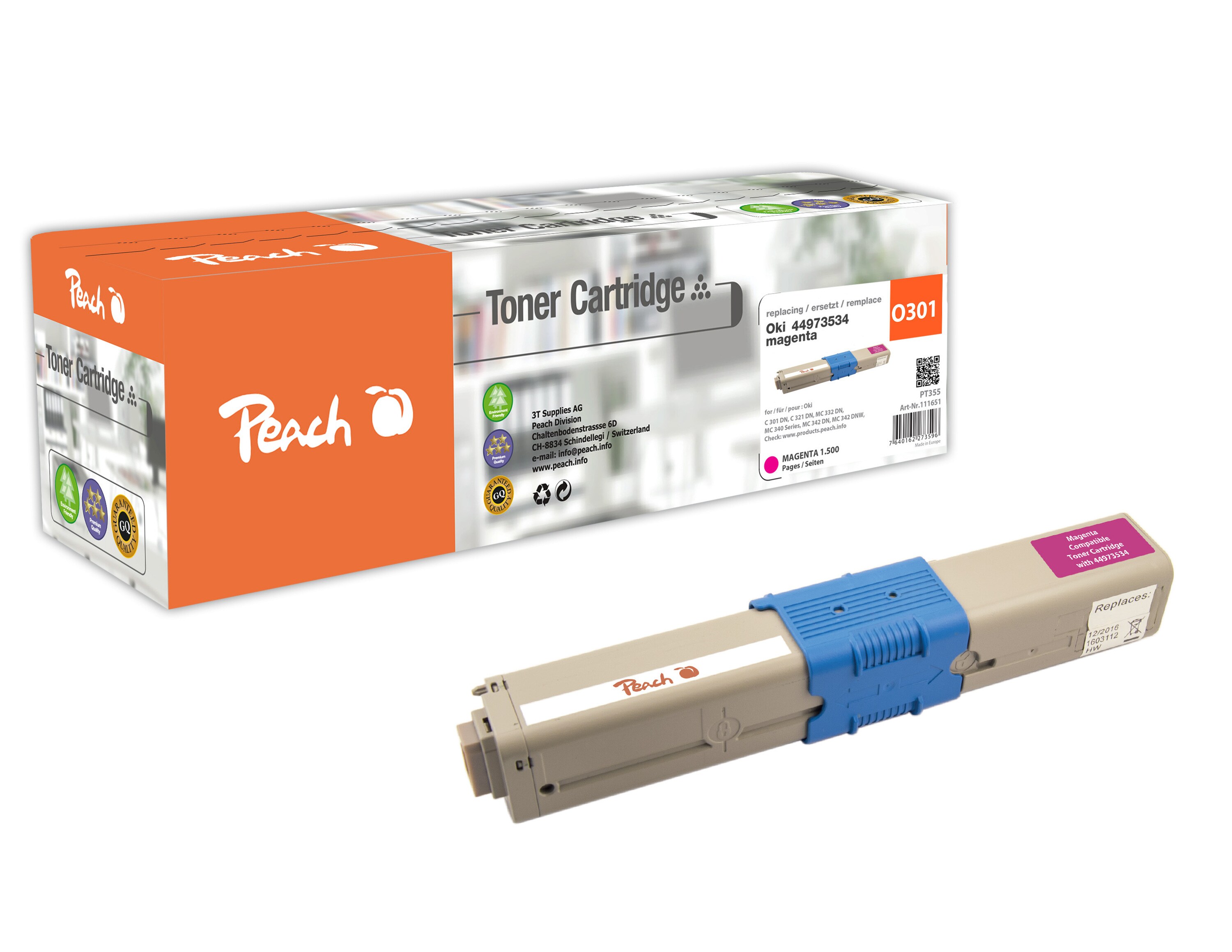 Peach O4496/47/97 Toner ma ersetzt OKI 44973534 f&uuml;r z.B. OKI C 301 DN, OKI C 321 DN, OKI MC 332 DN, OKI MC 340, OKI MC 342 DN, OKI MC 342 DNW (wiederaufbereitet) - Bild 1