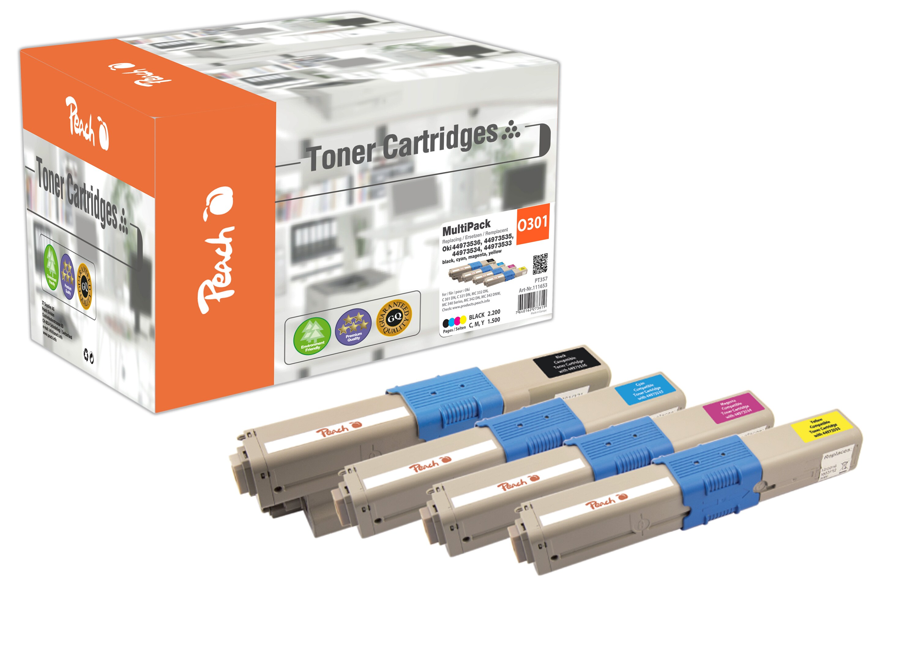 Peach O4496/47/97 4 Toner (bk, c/m/y) ersetzt OKI 44973533-6 f&uuml;r z.B. OKI C 301 DN, OKI C 321 DN, OKI MC 332 DN, OKI MC 340, OKI MC 342 DN (wiederaufbereitet) - Bild 1